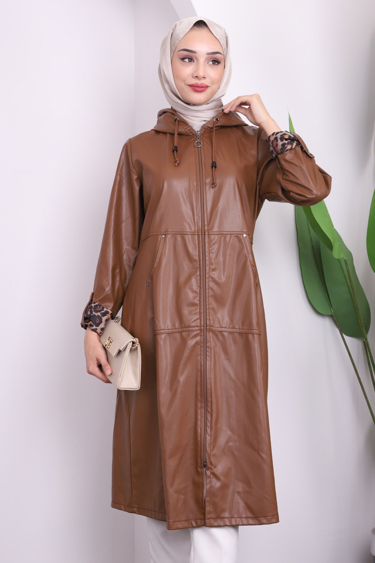 İmajButik-Tan Hooded Sleeve Layered Leather Trench Coat 3