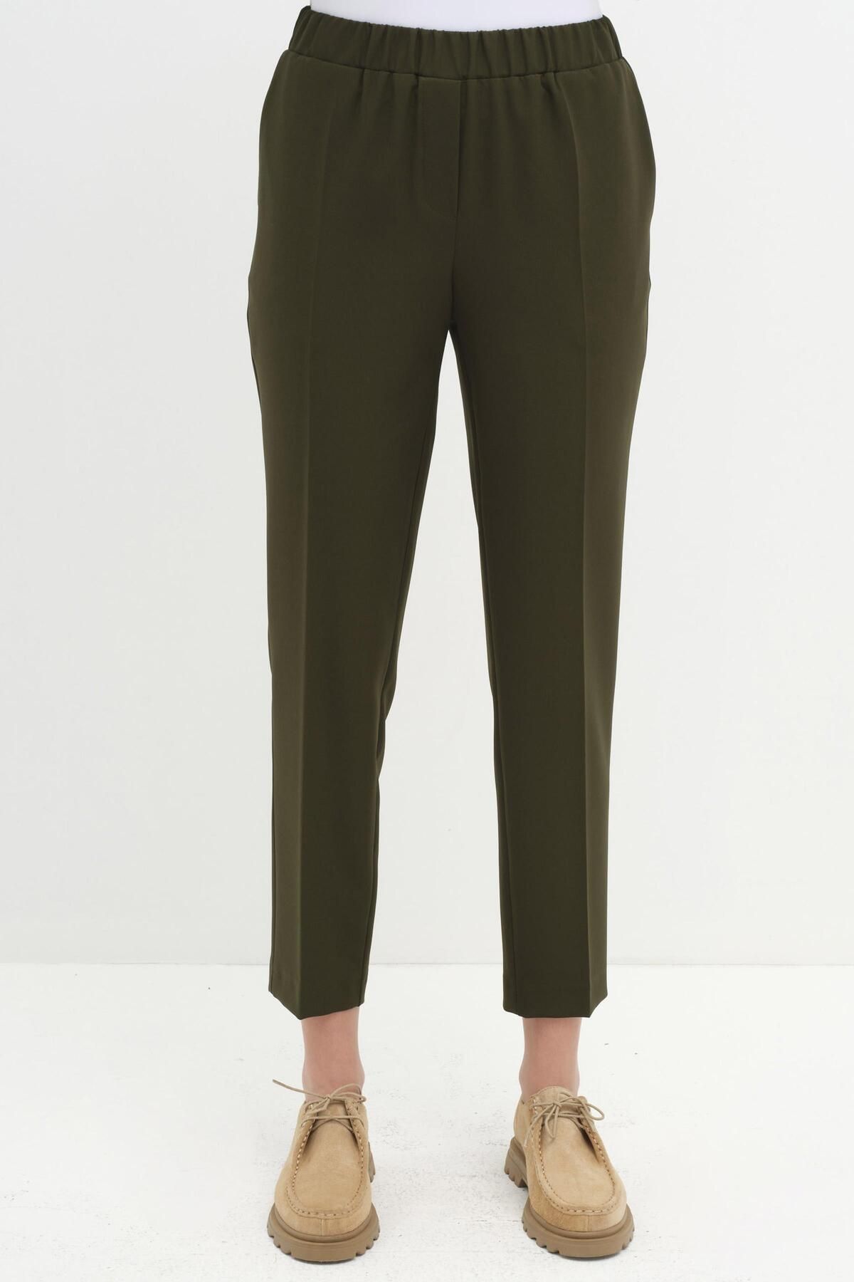 Tuğba-Khaki Colored Elastic Waist Carrot Trousers 4