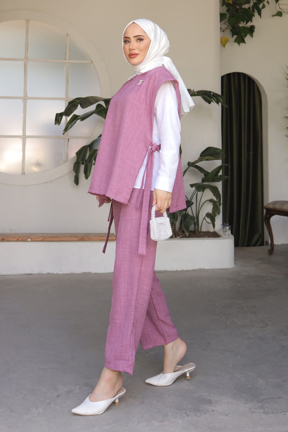 İmajButik-Triple Linen Set with Dried Rose Bronchies and Side Detail 2