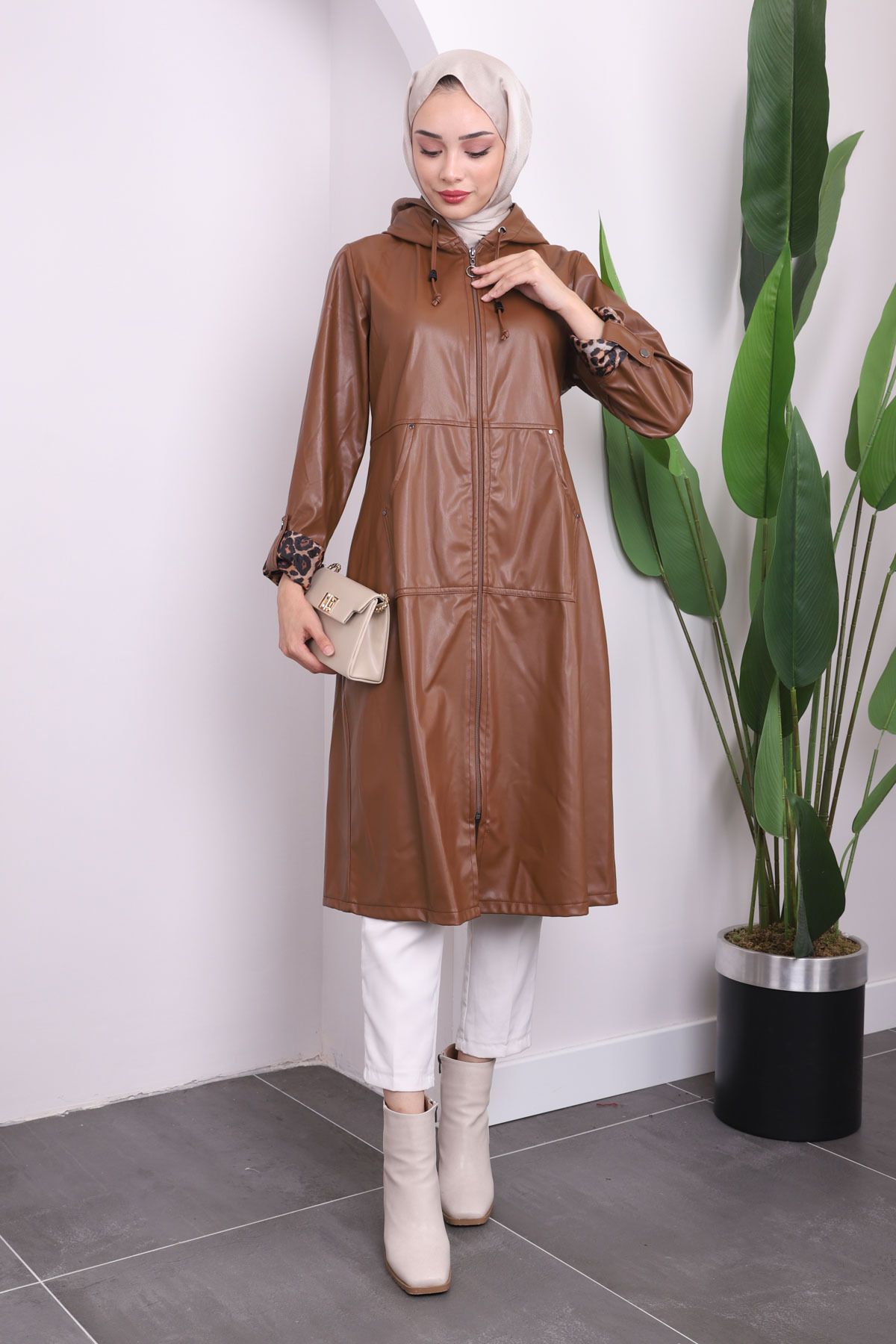 İmajButik-Tan Hooded Sleeve Layered Leather Trench Coat 2