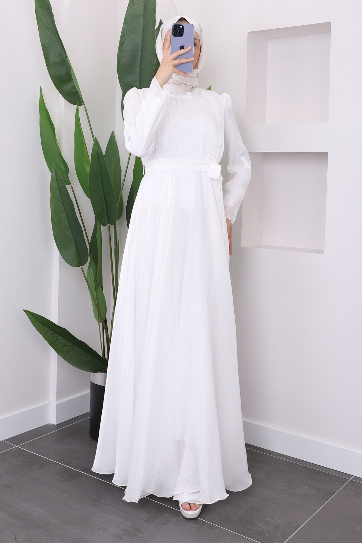 İmajButik-Front Pleated White Belted Evening Dress 4