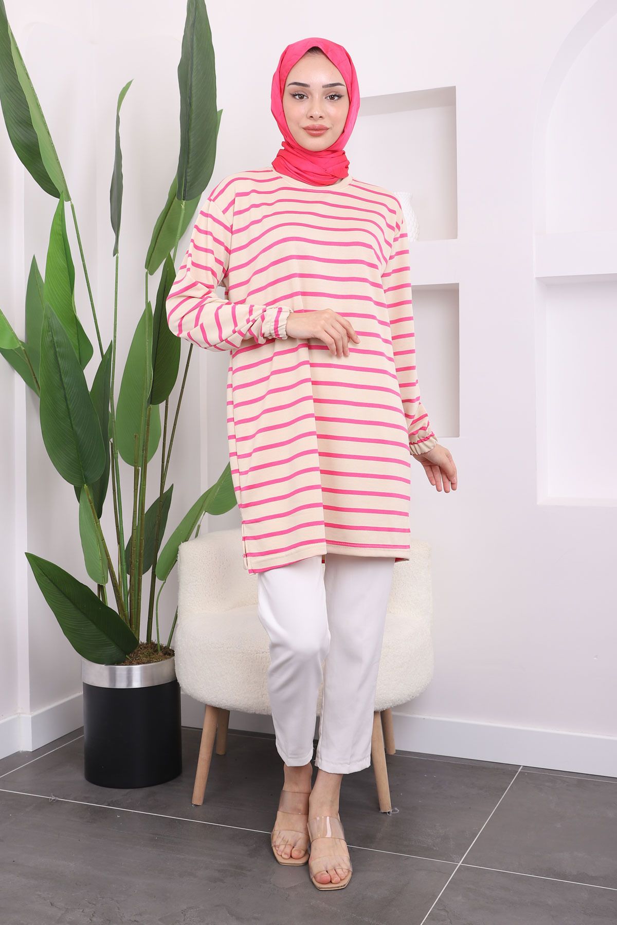 İmajButik-Fuchsia Striped Crew Neck Tunic 2