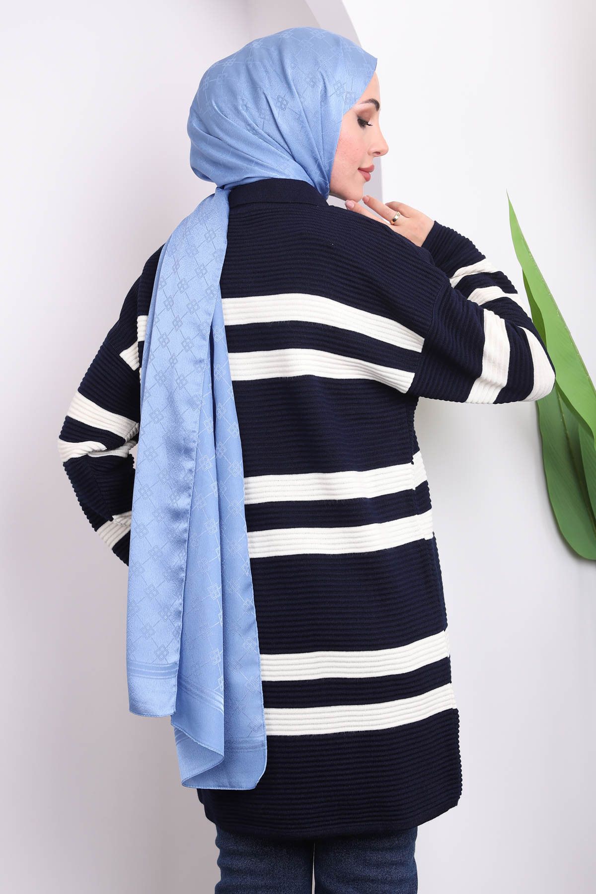 İmajButik-Navy Blue Striped Waffle Knitwear Tunic 4