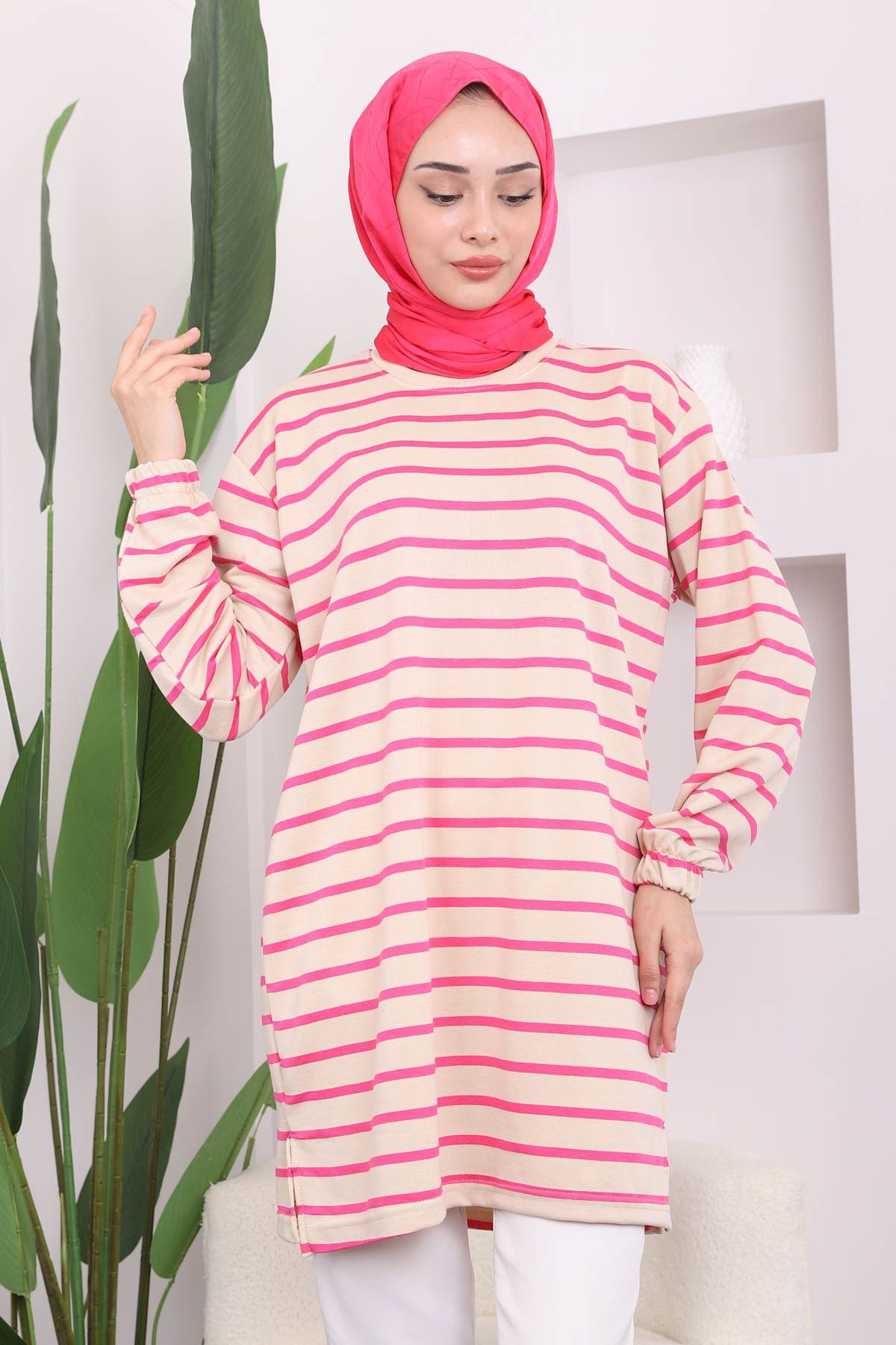 İmajButik-Fuchsia Striped Crew Neck Tunic 3