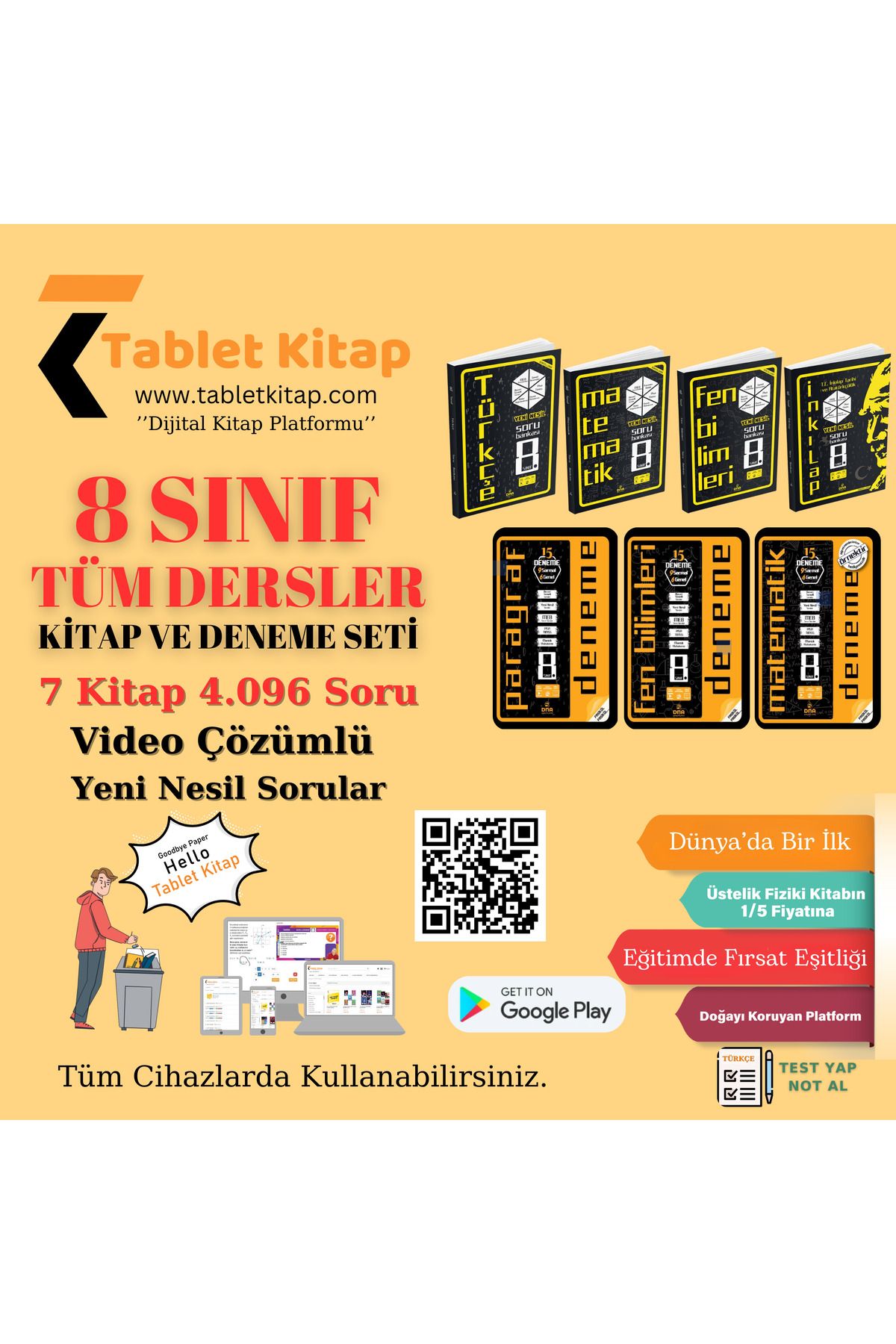 Tablet Kitap 8. Sınıf Tüm Dersler, Tamamı Video Çözümlü Online Kitap Seti, 7 Kitap, 4.069 SORU