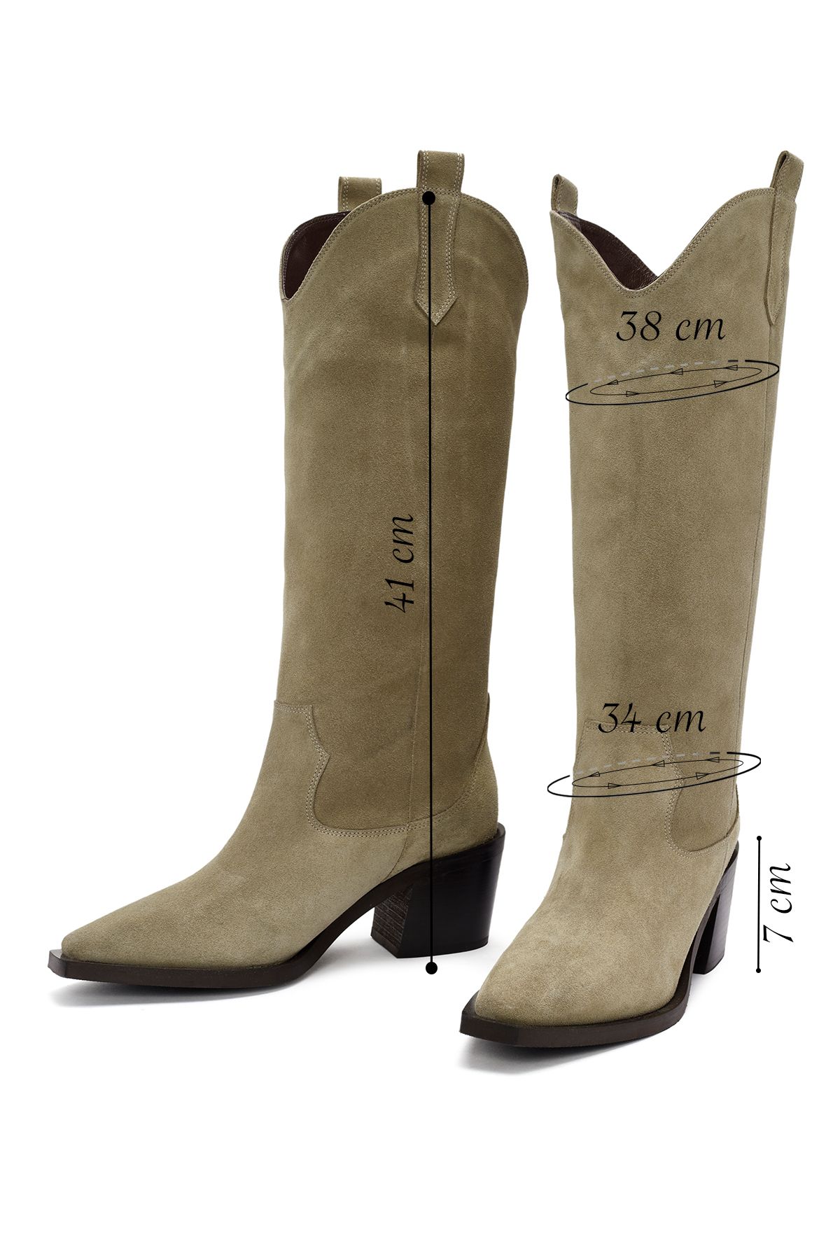 Derimod-Beige Suede Leather Cowboy Boots - Thick Heeled, Model No: 24Wfd 152710 2