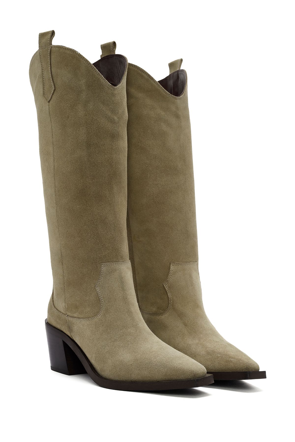 Derimod-Beige Suede Leather Cowboy Boots - Thick Heeled, Model No: 24Wfd 152710 5