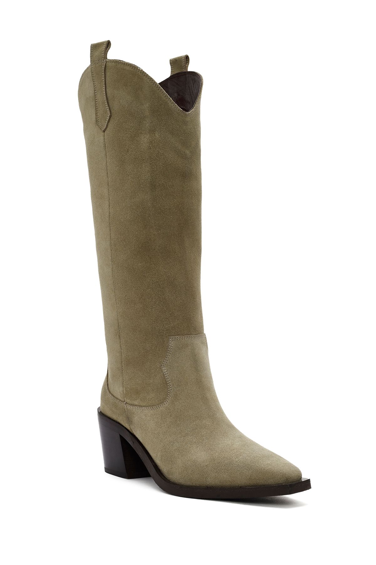 Derimod-Beige Suede Leather Cowboy Boots - Thick Heeled, Model No: 24Wfd 152710 8