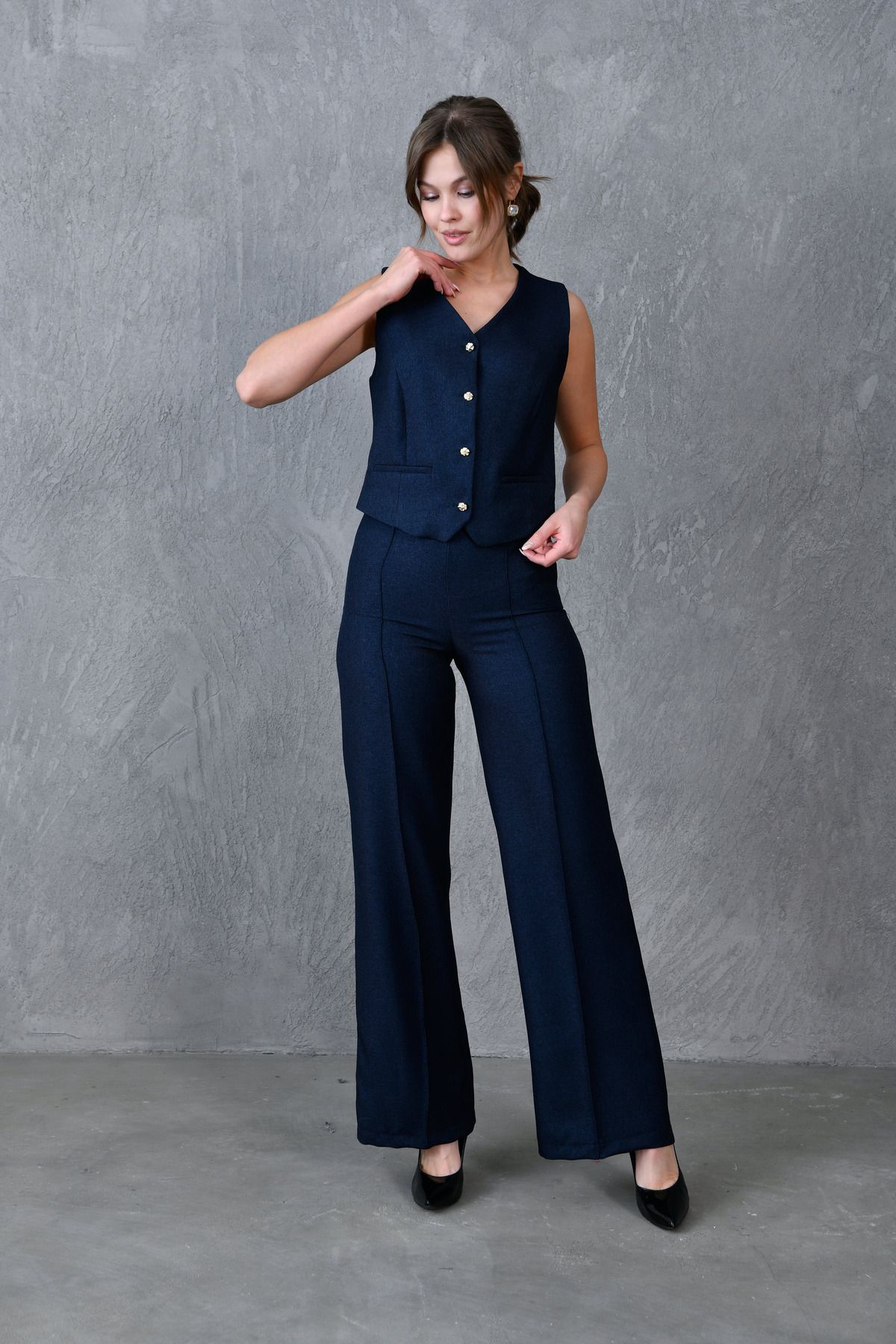 bayansepeti-Navy Blue Lined Wool Effect Fabric Vest and Wide Leg High Waist Pants Two-Piece Set 9111 1