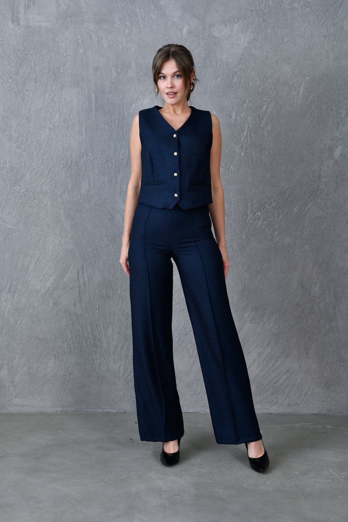 bayansepeti-Navy Blue Lined Wool Effect Fabric Vest and Wide Leg High Waist Pants Two-Piece Set 9111 8