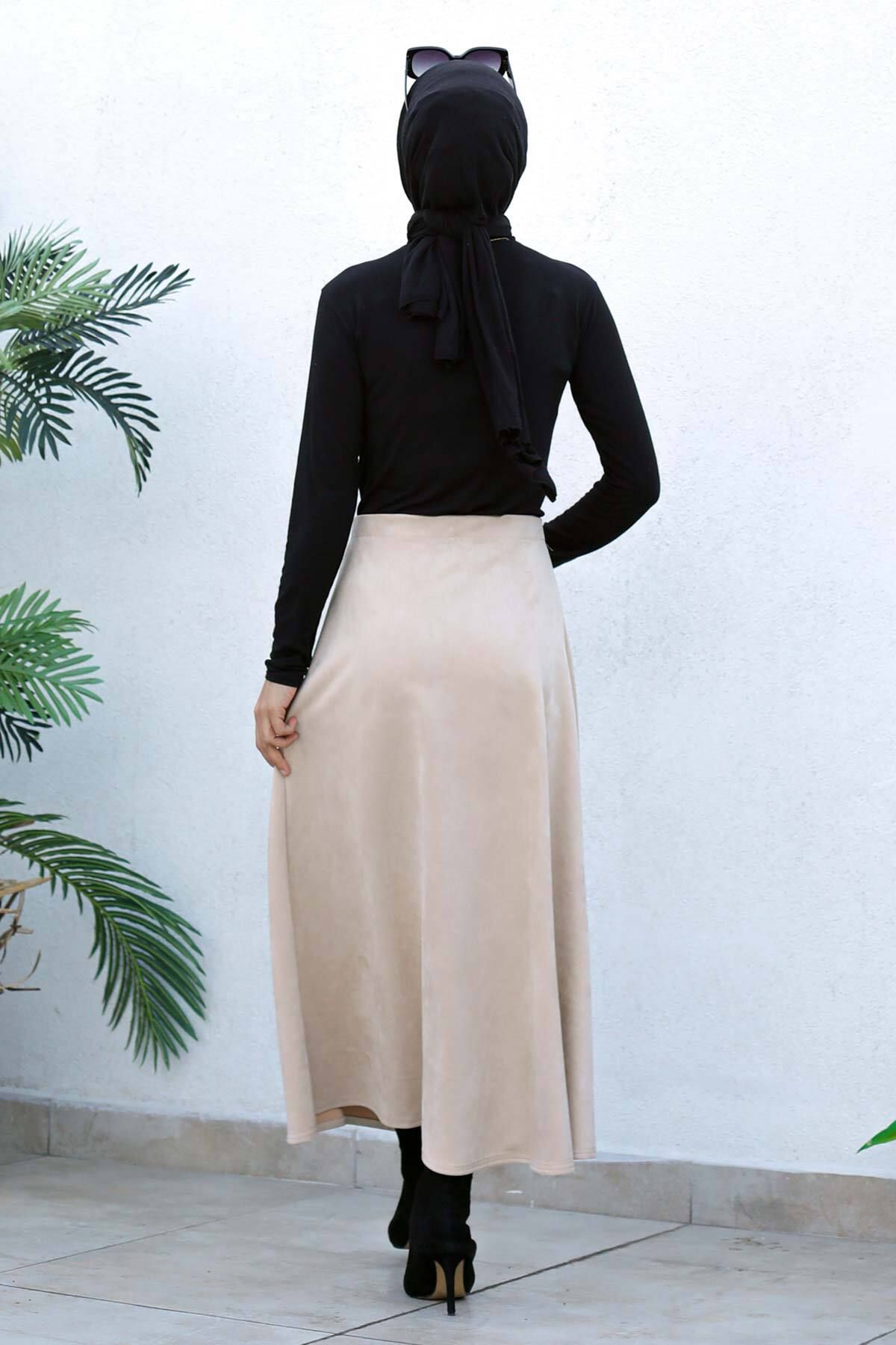 Tesettür Dünyası-Suede Mevlana Skirt Tsd0036 Beige 6