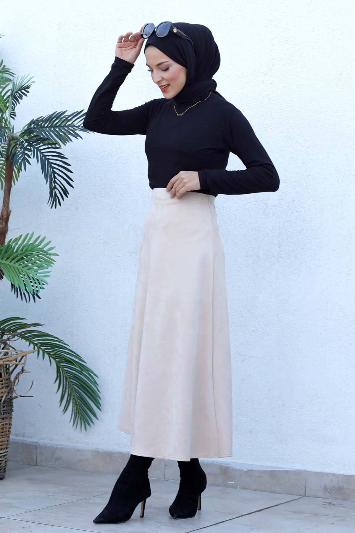 Tesettür Dünyası-Suede Mevlana Skirt Tsd0036 Beige 5