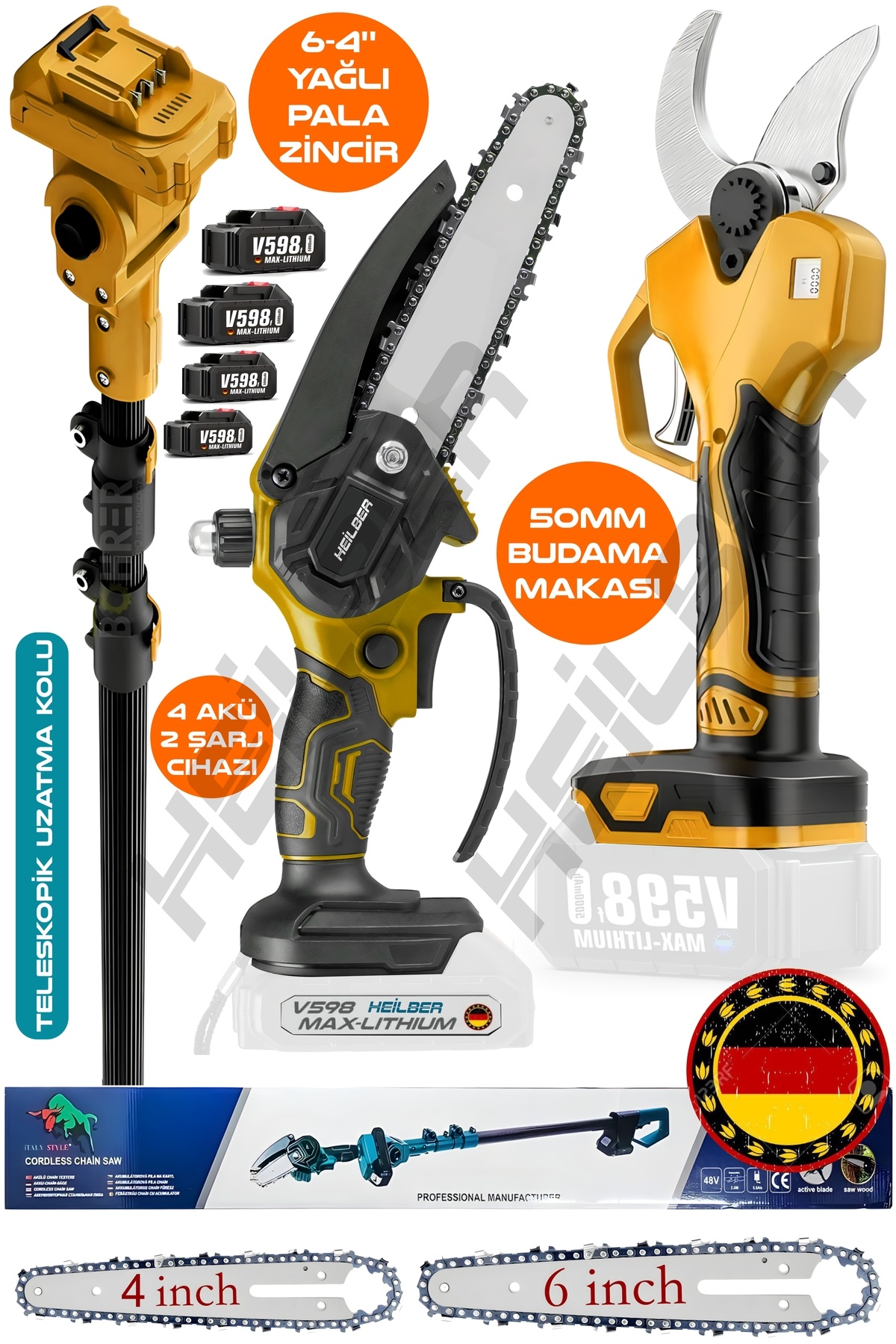 HEİLBER ALMAN TELESKOPİK V598 TURUNCU AKÜLÜ YAĞLI 4 VE 6 İNÇ BUDAMA TESTERERESİ VE 50MM BUDAMA MAKASI +4 AKÜ