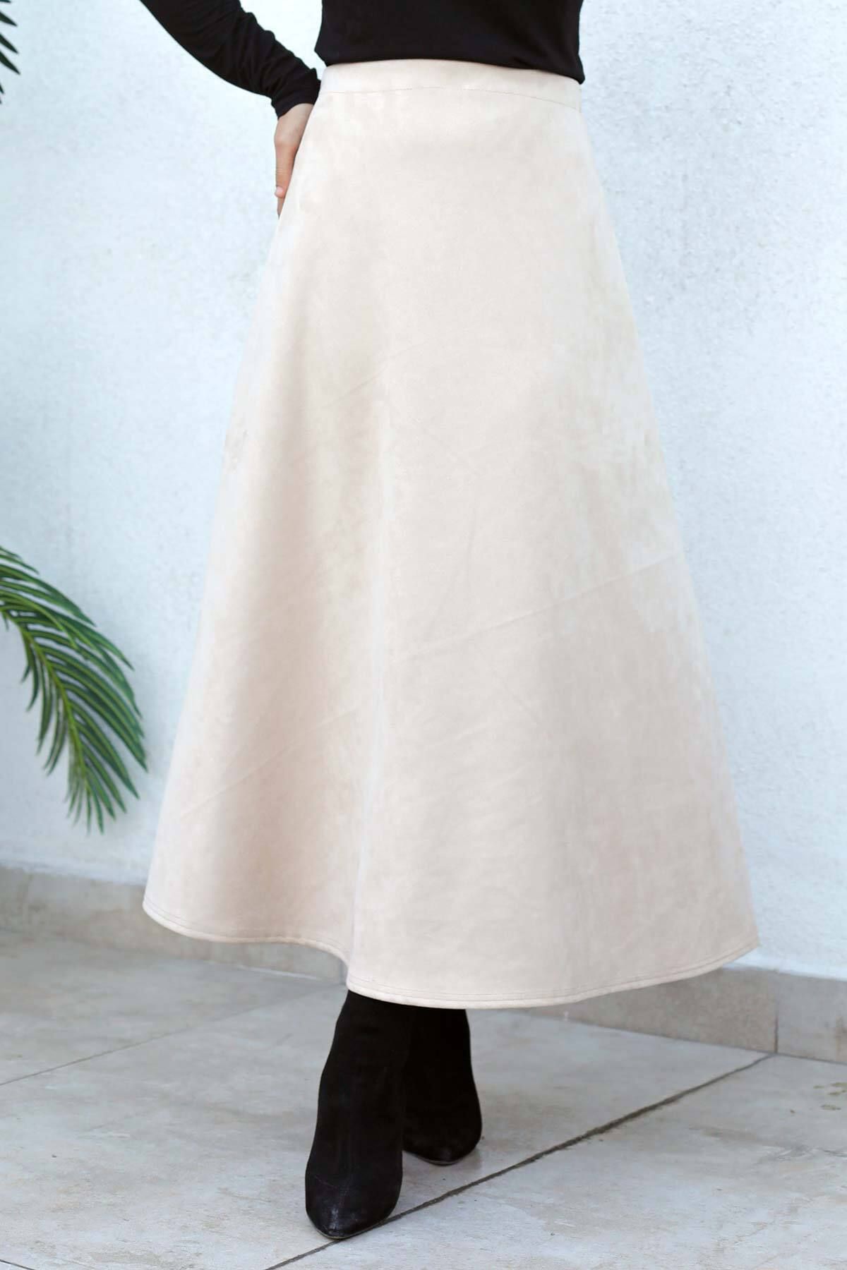 Tesettür Dünyası-Suede Mevlana Skirt Tsd0036 Beige 3