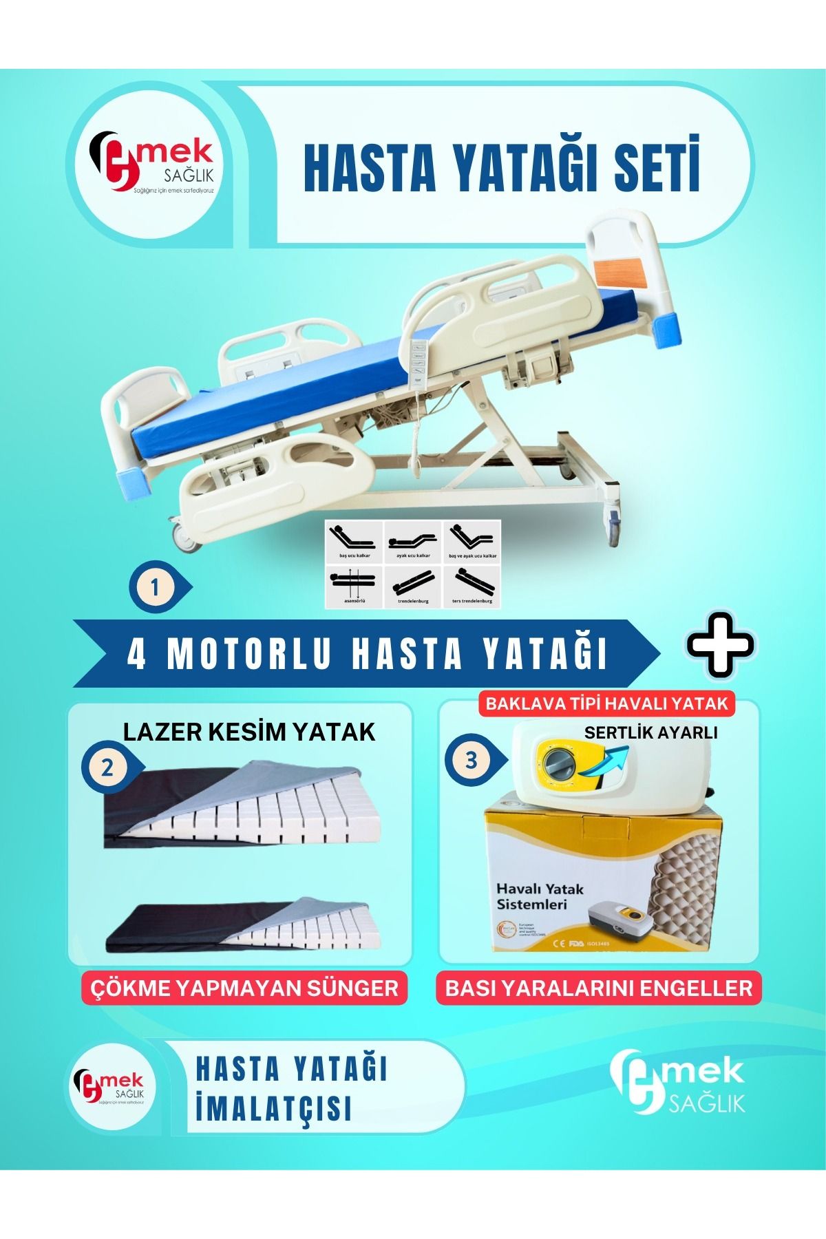 emek sağlık 4 Motorlu Full Abs Hasta Karyolası + Cnc Lazer Kesim Yatak + Baklava Tipi Havalı Yatak Takım