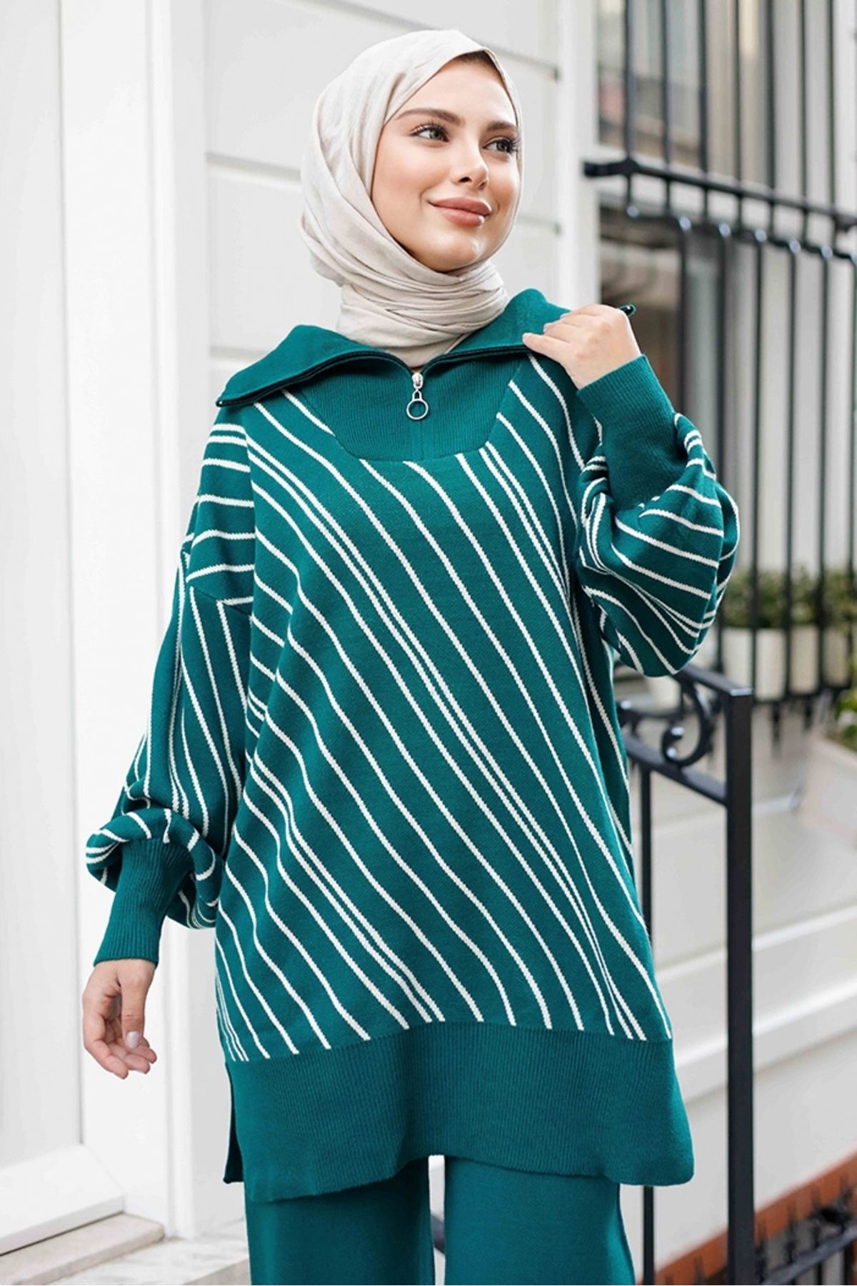 Bestenur-Σετ τουνίκ και παντελονιού Petrol Green Yasemen Knitwear - 1263 5