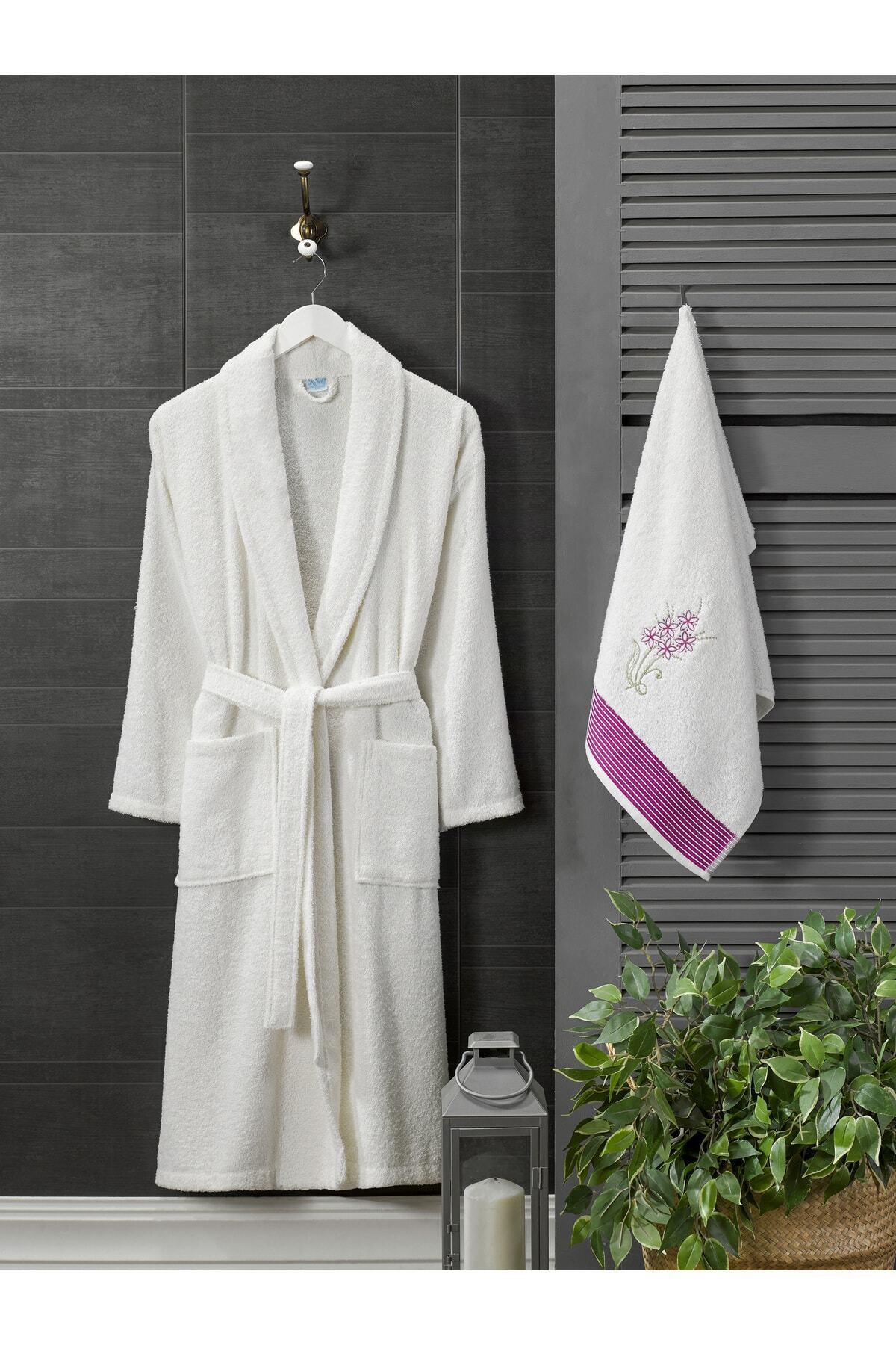 Towel Bathrobe Set Cream Lavender S-M