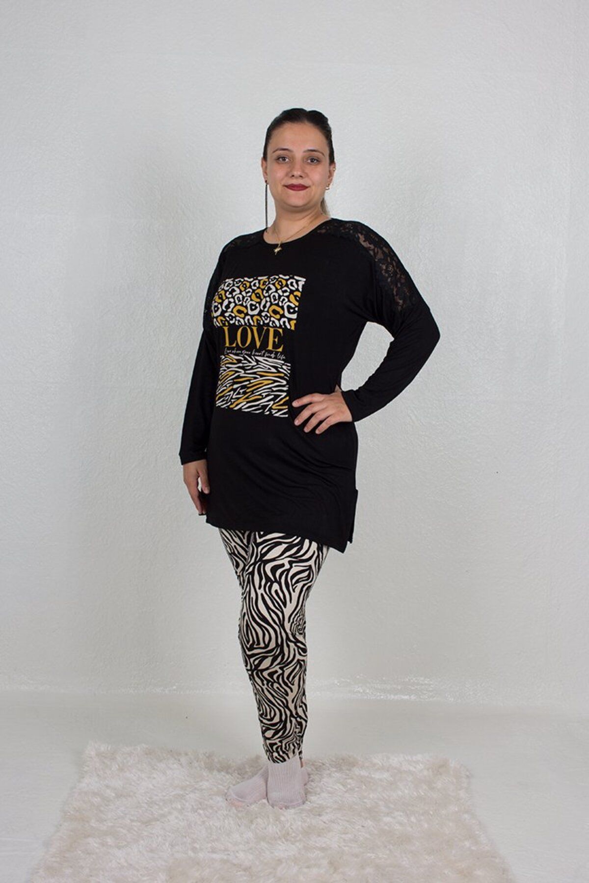 Truva XXL-Plus Size Shoulder Detail Bottom Zebra Pattern Pajamas Set 6