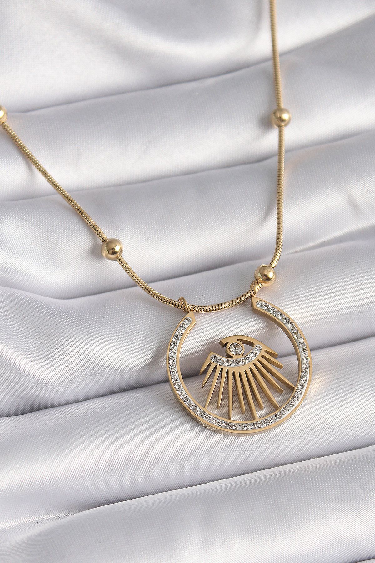 Evinso 316L Çelik Gold Renk Zirkon Taşlı Göz Model Kadın Kolye