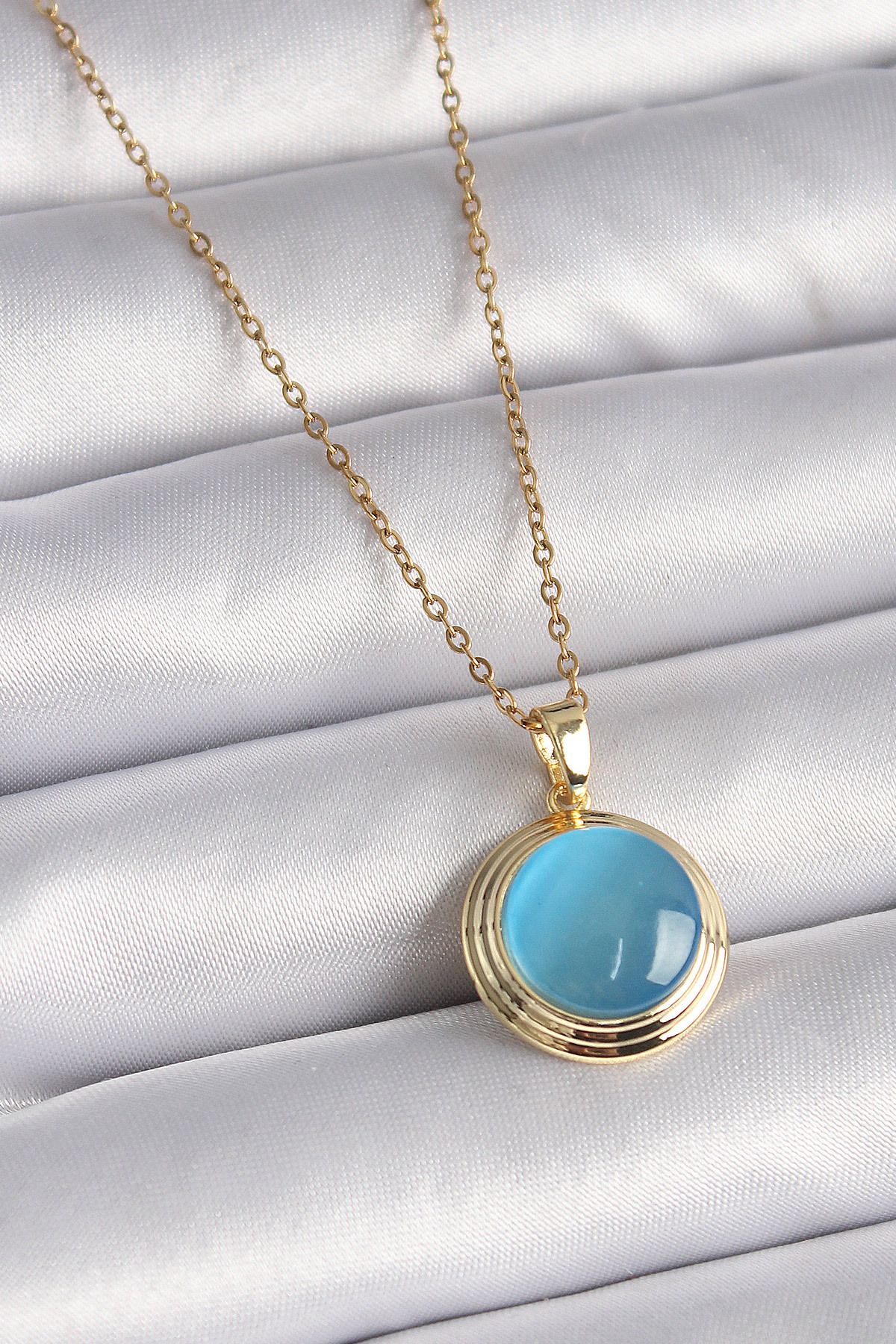 BZK ACCESSORİES 316L Çelik Gold Renk Mavi Sedefli Daire Model Kadın Kolye