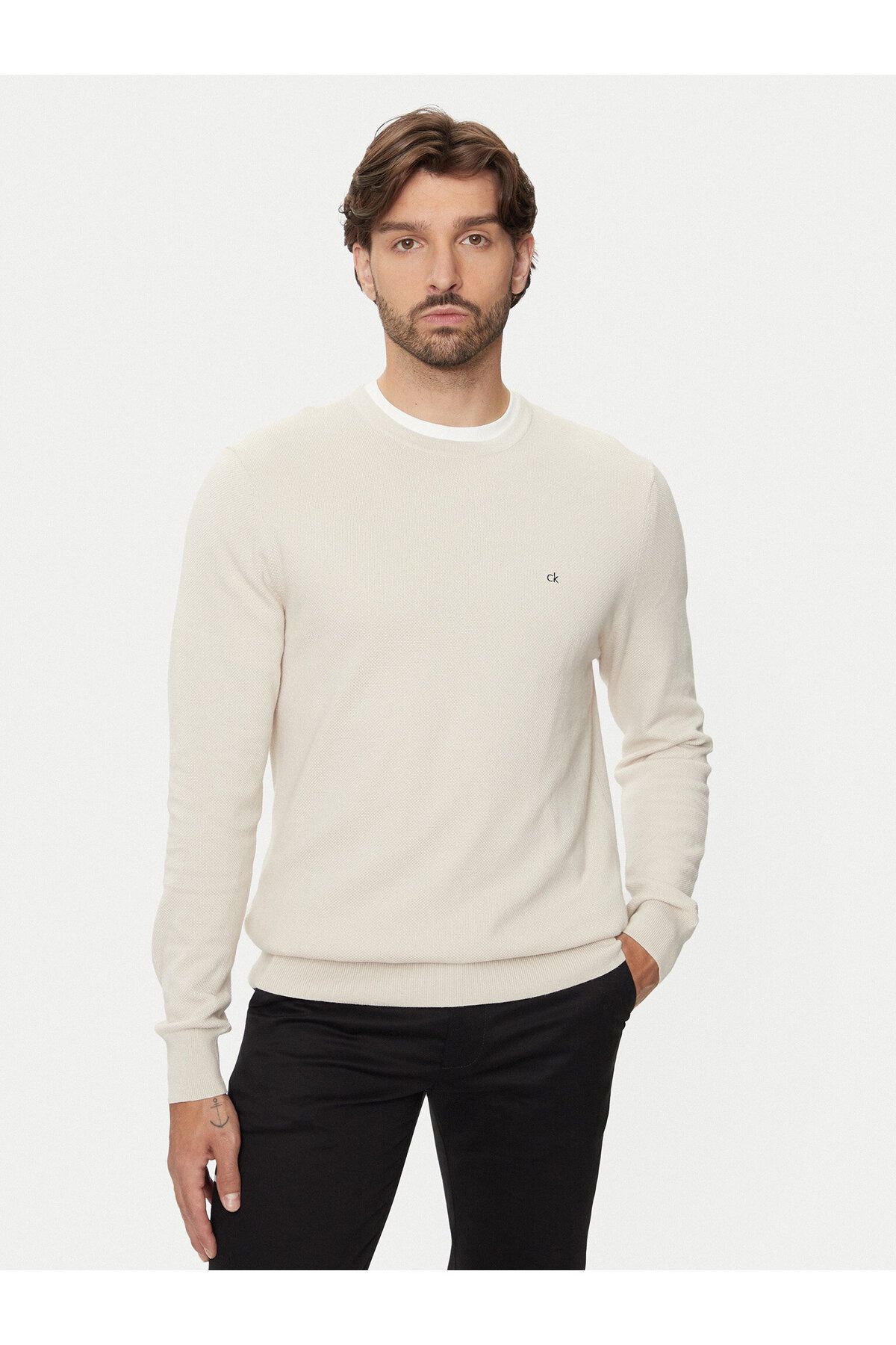 Calvin Klein-Men's Cotton Slim Fit Long Sleeve Beige Sweater K10K 113410 -Ace 1