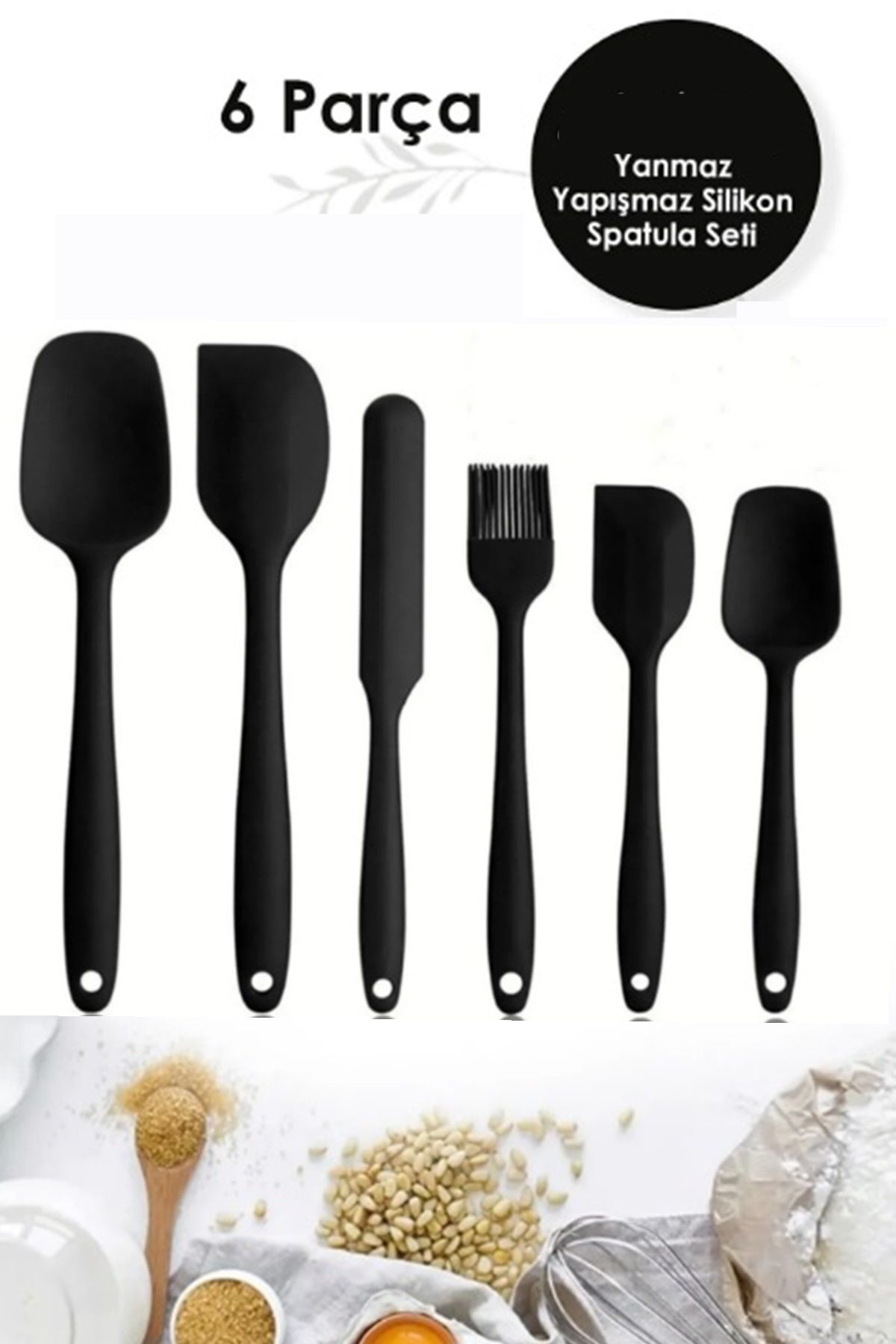 hobistan 6lı Takım Yanmaz Yapışmaz Mutfak Pasta Slikon Yumurta Fırçası Kaşık Bıçak Spatula Seti