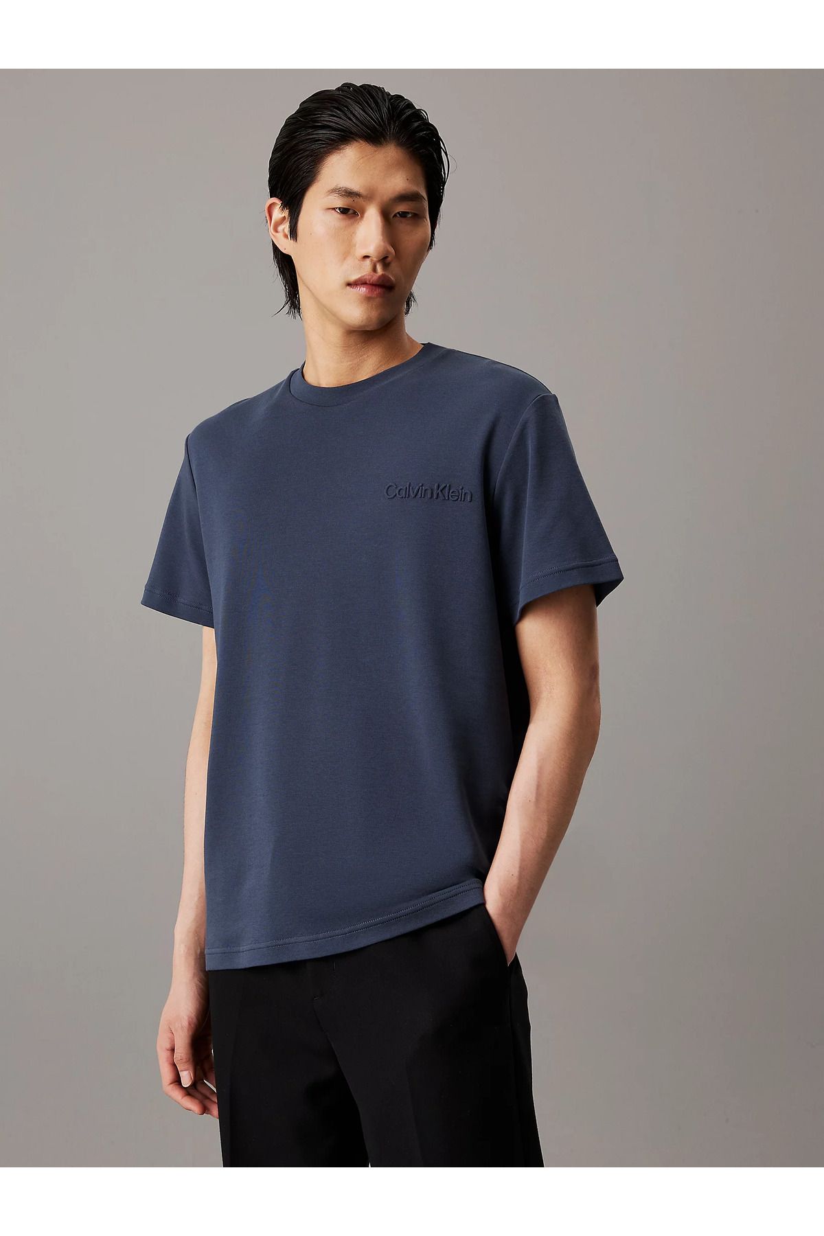 Calvin Klein-Men's Blue T-Shirt with Brand Logo - Crew Neck, Cotton, Short Sleeve, Regular Fit K10K 113737 -Ppk 1