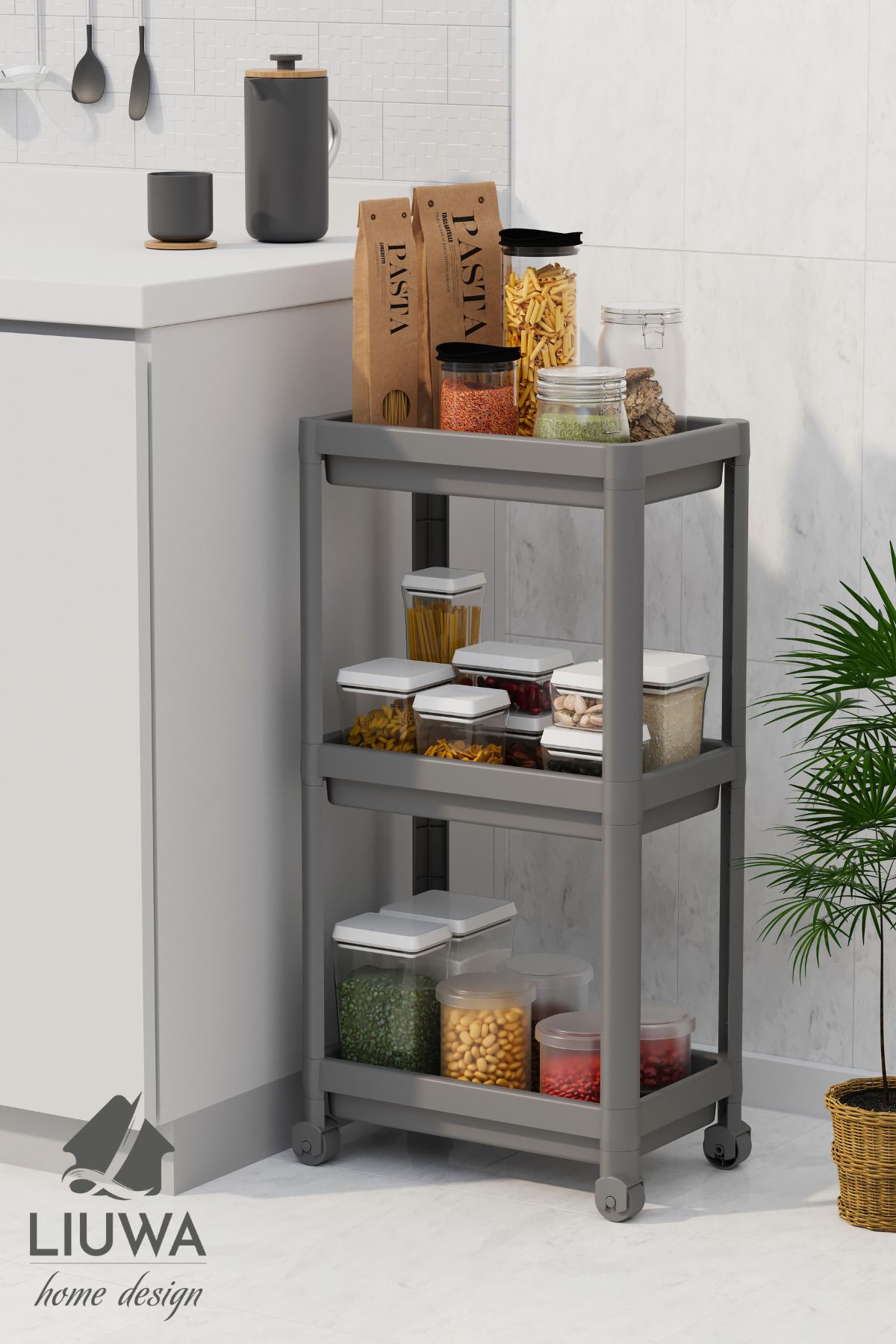 LIUWA-Peggy 3-Tier Organizer with Wheels Kitchen Shelf Bathroom Shelf under Counter under Sink Detergent Holder 4