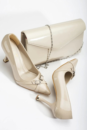La Vivien Kadın Bej Rugan Şık Toka Detaylı Ayakkabı ve Çanta Takımı