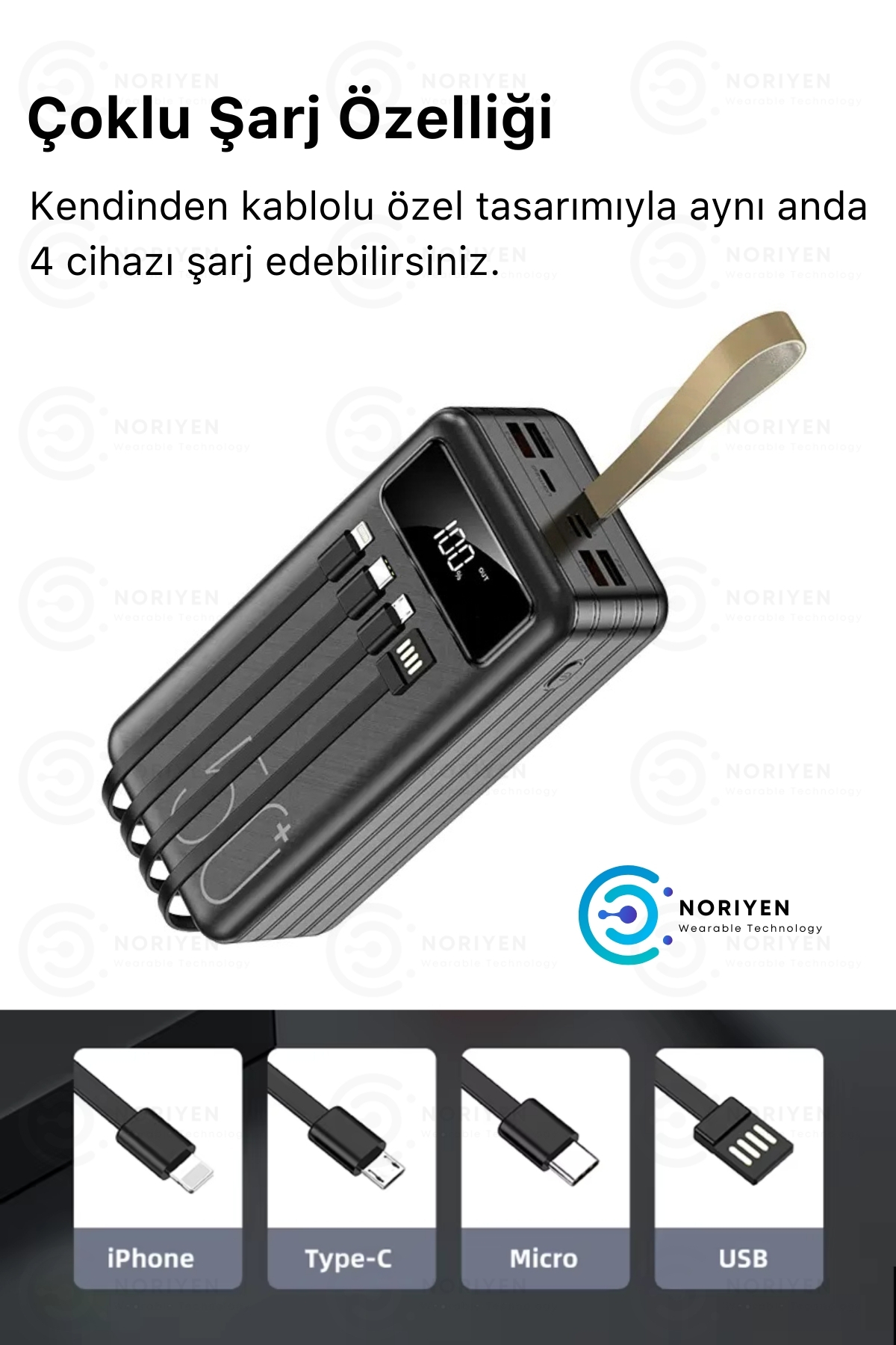 Ultra Hızlı Şarj 50000 Mah 4 USB Çıkışlı Dijital Göstergeli Aydınlatmalı Taşıma Askılı Powerbank