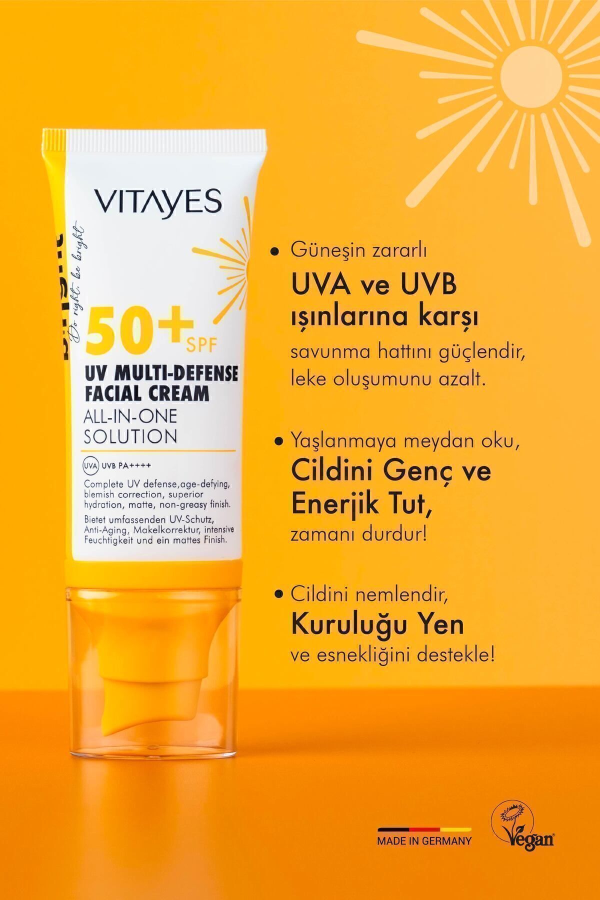 کرم ضد آفتاب صورت VITAYES Spf50 چندکاره با محافظت از اشعه ماوراء بنفش بالا و ضد پیری مراقبت از پوست مرطوب کننده 50 میلی لیتر