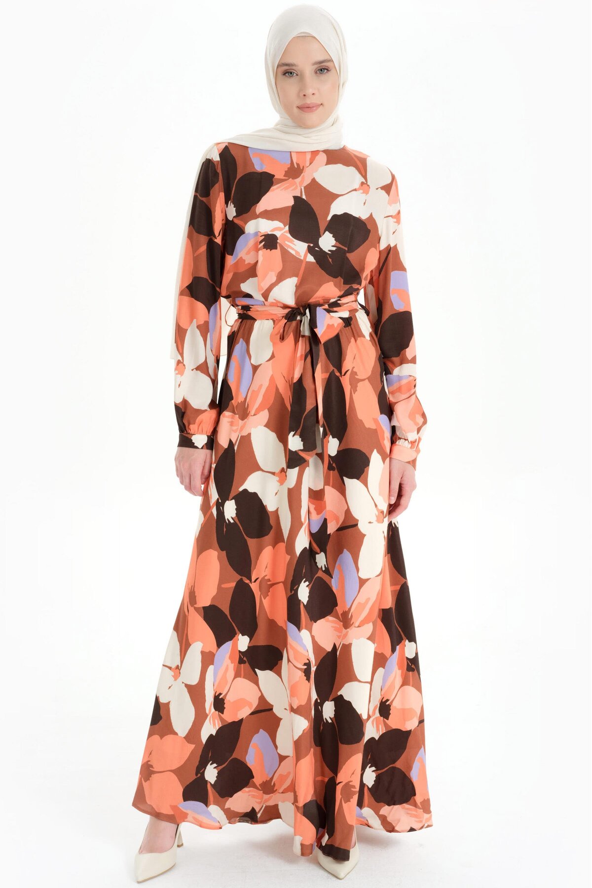 لباس مجلسی طرح‌دار یقه گرد کمربنددار - صورتی Tuğba