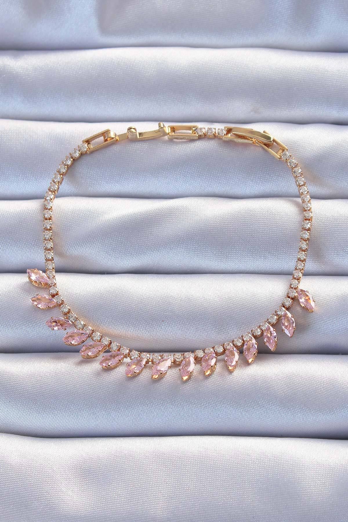 BirdoluSepet Pirinç Vip Seri Altın Renk Pembe Zirkon Taşlı Bileklik