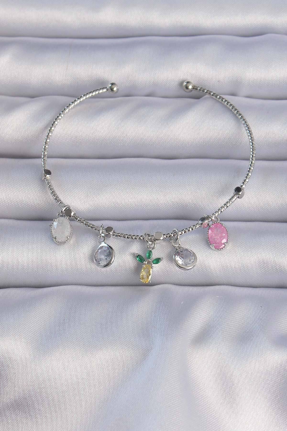 BirdoluSepet Pirinç Gümüş Renk Zirkon Taşlı Ananas Figürlü Charm Bileklik
