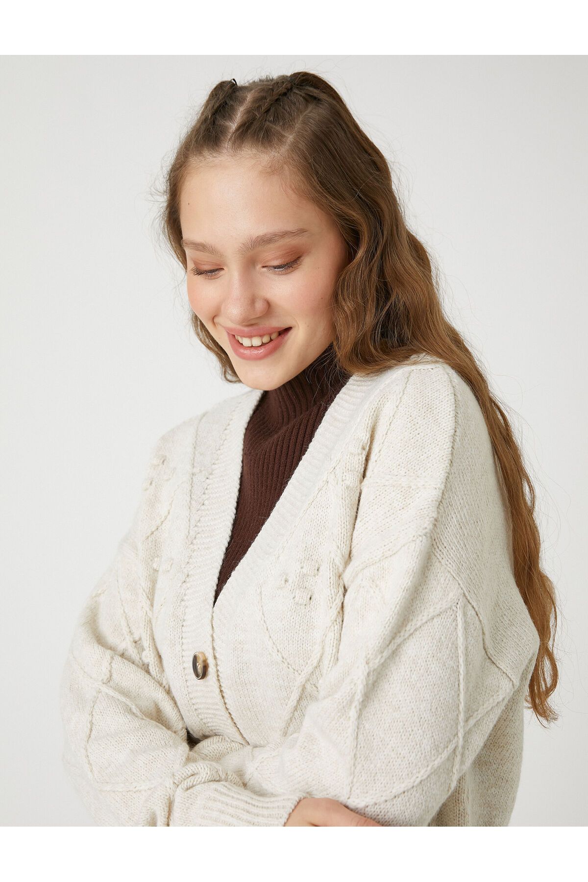 Koton-Crop Cardigan Knitted V-Neck Long Sleeve Buttoned 1