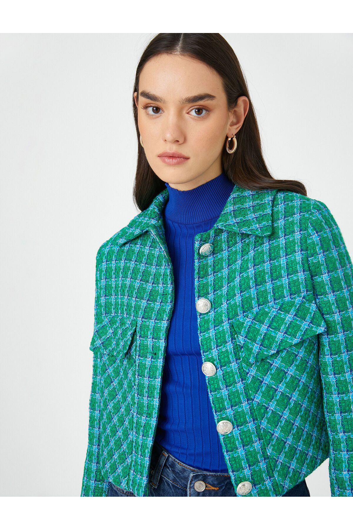 Koton-Crop Tweed Jacket with Pockets Buttons 2