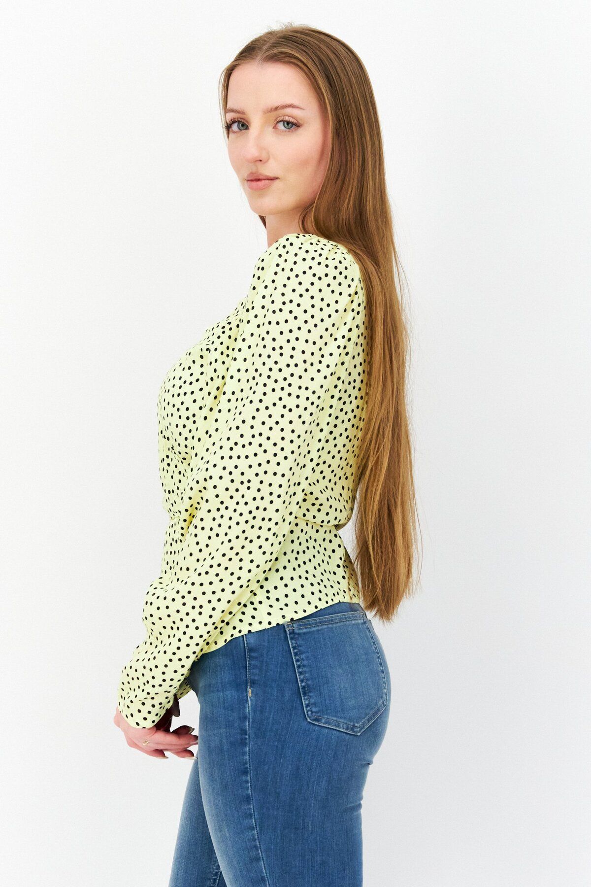 MANGO-Women Surplice Neck Long Sleeves Polka Dots Blouse, Yellow 3