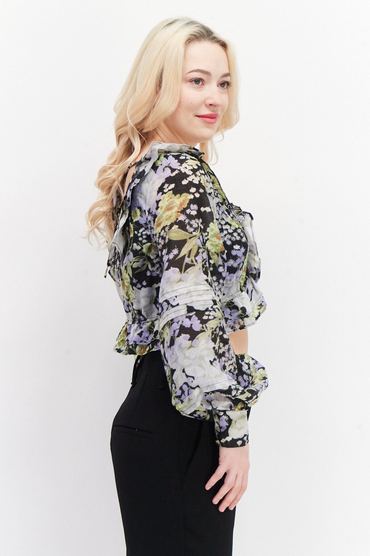 Asos Design-Women Petite V-neck Long Sleeves Floral Pattern Crop Top, Black Combo 2