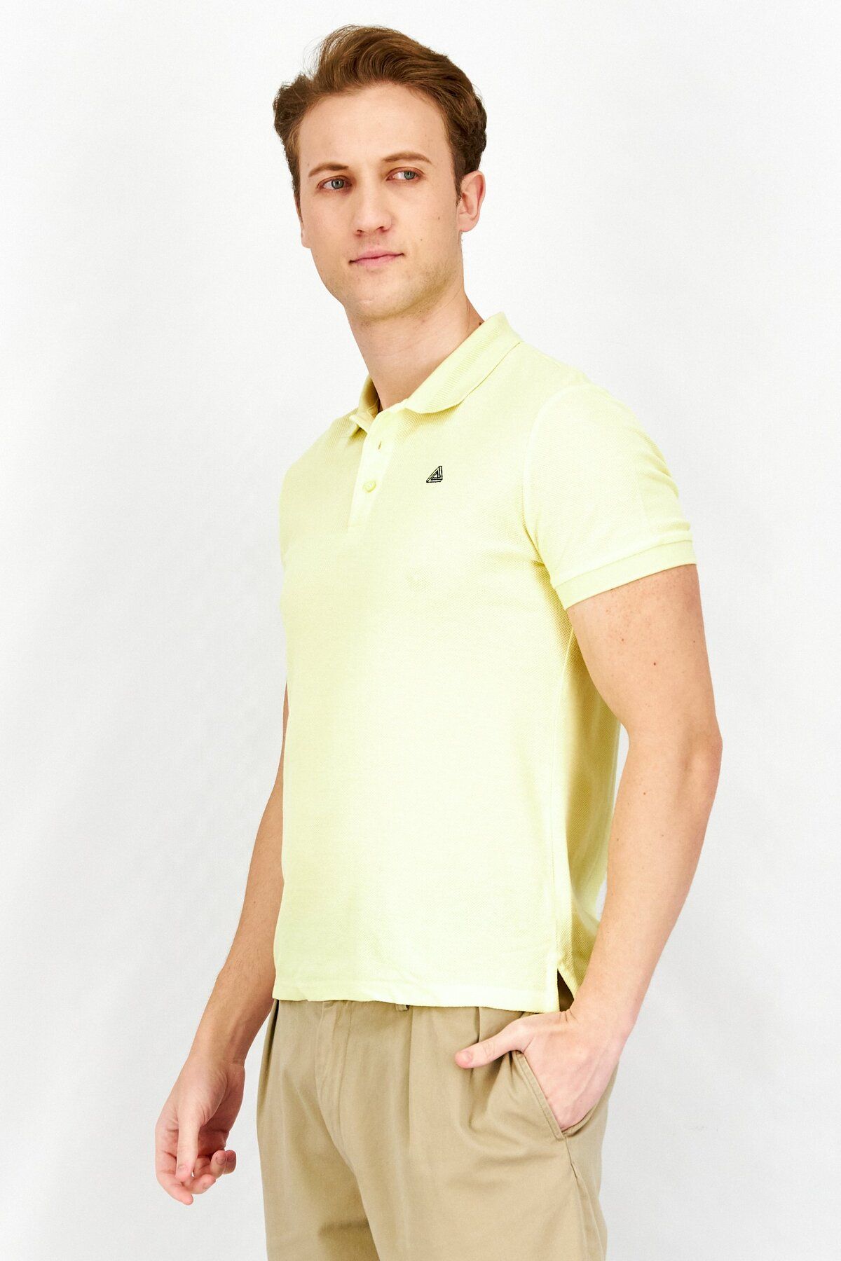 SELECTED-Men Slim Fit Brand Logo Short Sleeves Polo Shirt, Yellow 4