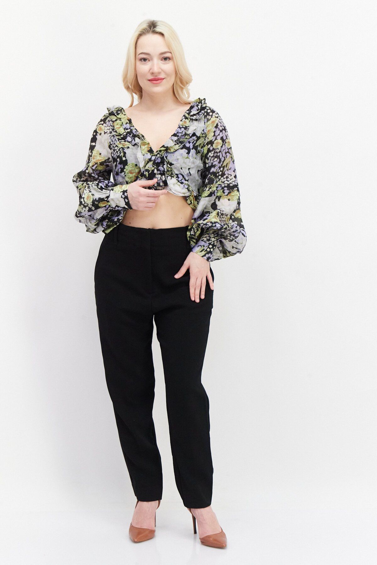 Asos Design-Women Petite V-neck Long Sleeves Floral Pattern Crop Top, Black Combo 4