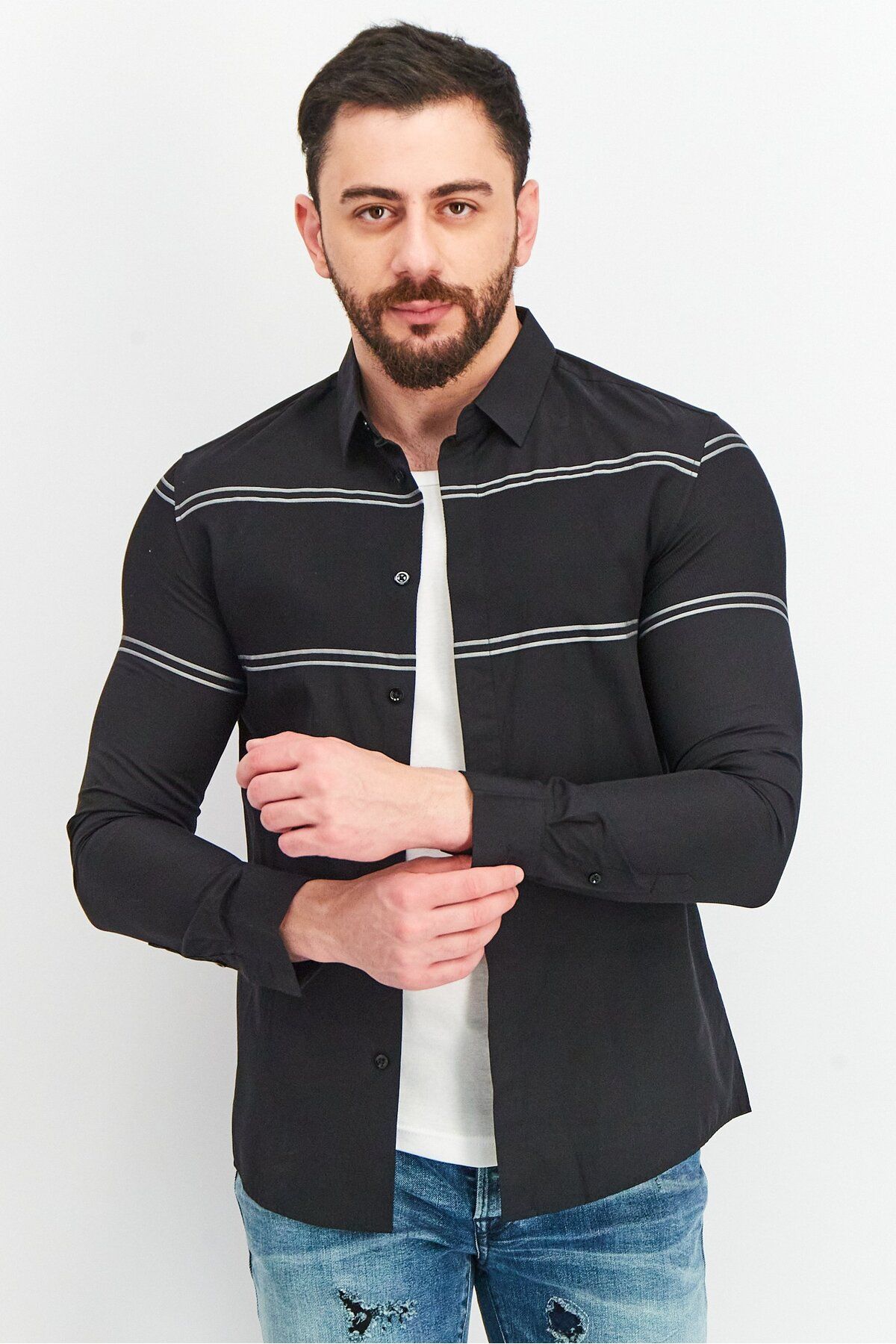 Jack & Jones-Men Regular Fit Long Sleeve Stripe Casual Shirt, Black 1