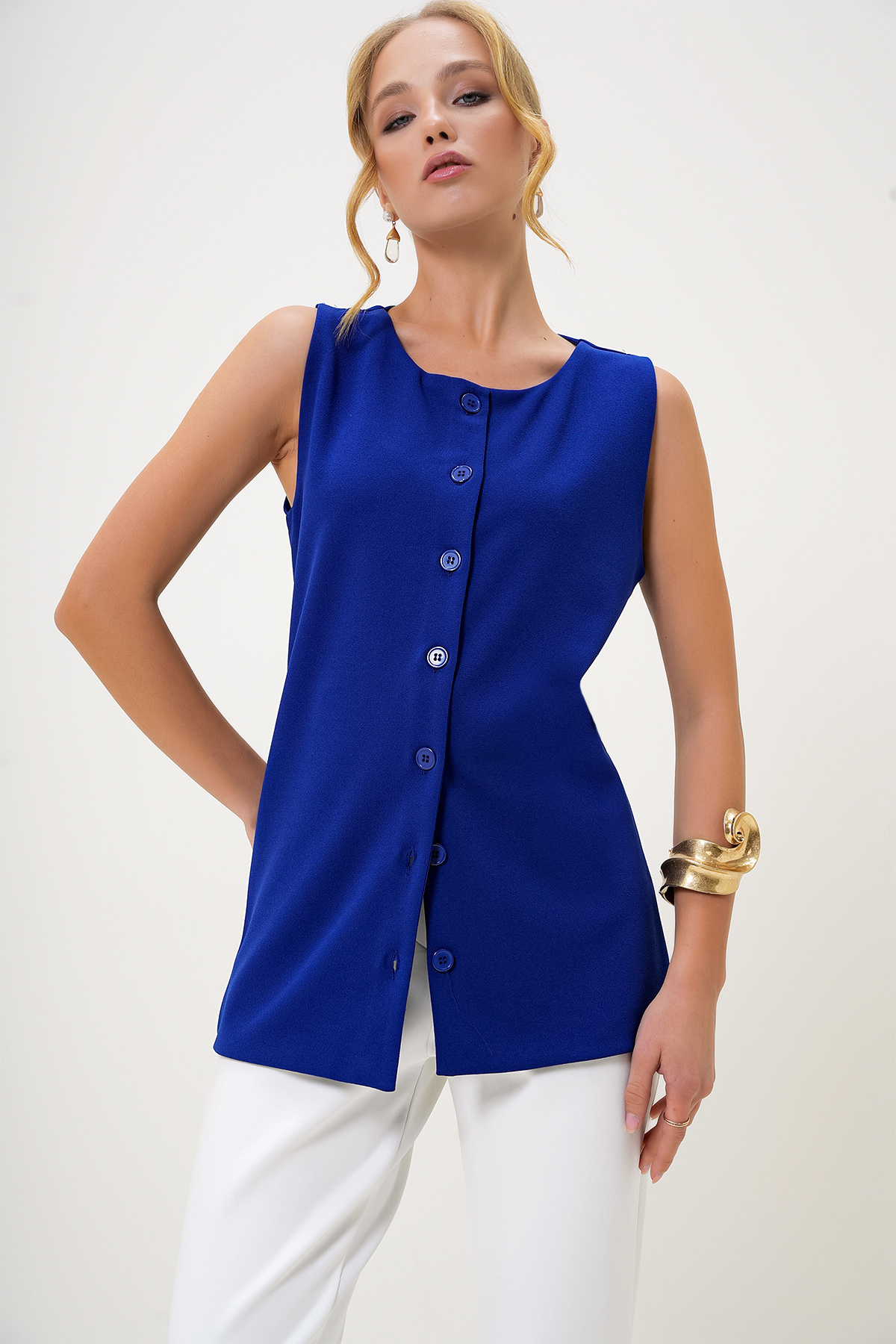 Trend Alaçatı Stili-Жіночий жилет Saks Crew Neck Orme Crepe Long Жилет ALCX13005 4