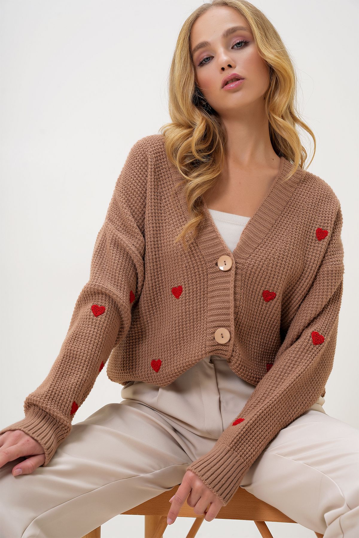 Trend Alaçatı Stili Dámská sušenka s výstřihem do V srdce vyšívaný úplet Cardigan Alc-X12982