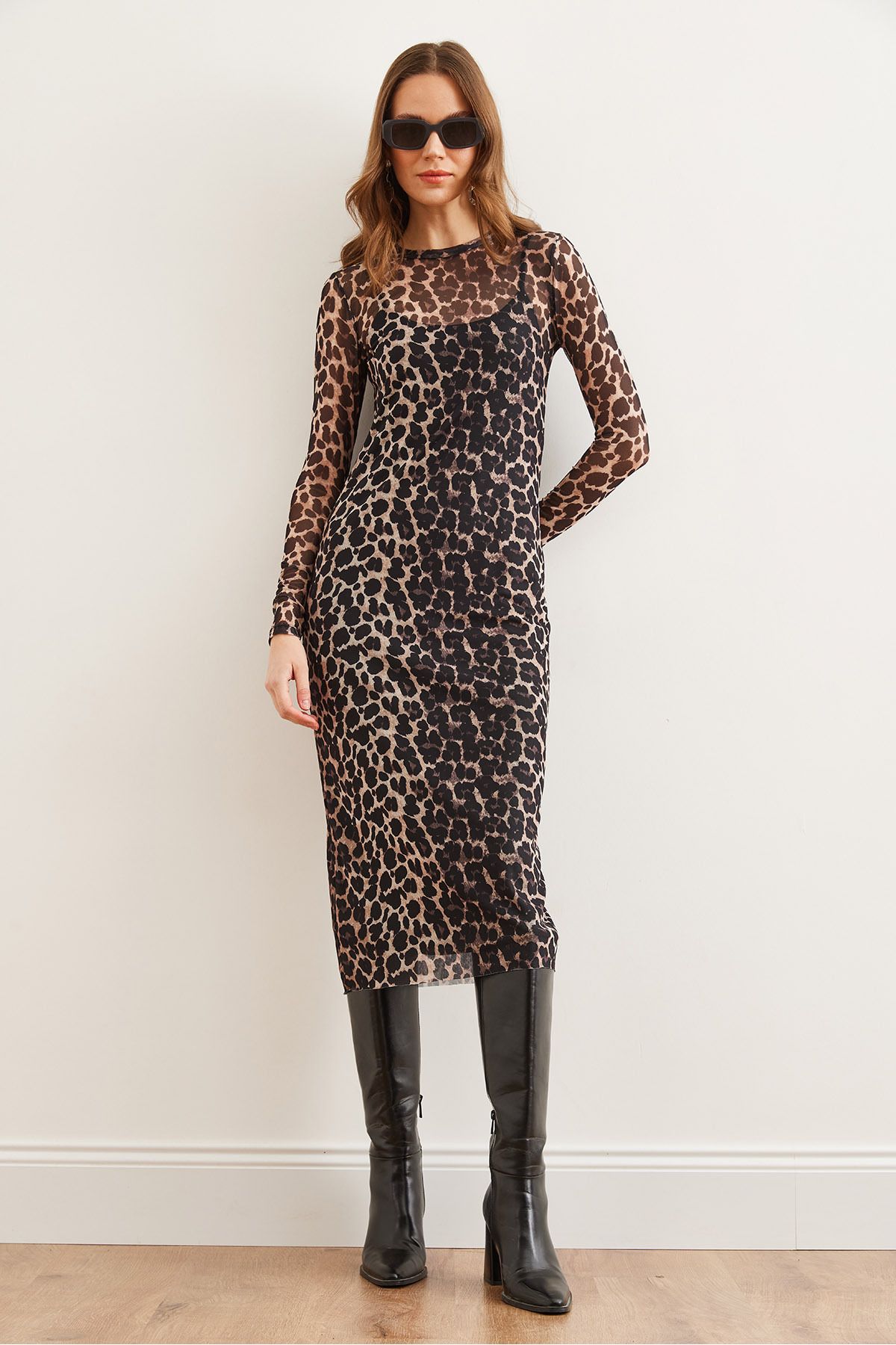 Kadın Taş Astarlı Leopar Midi Tül Elbise ELB-19002293