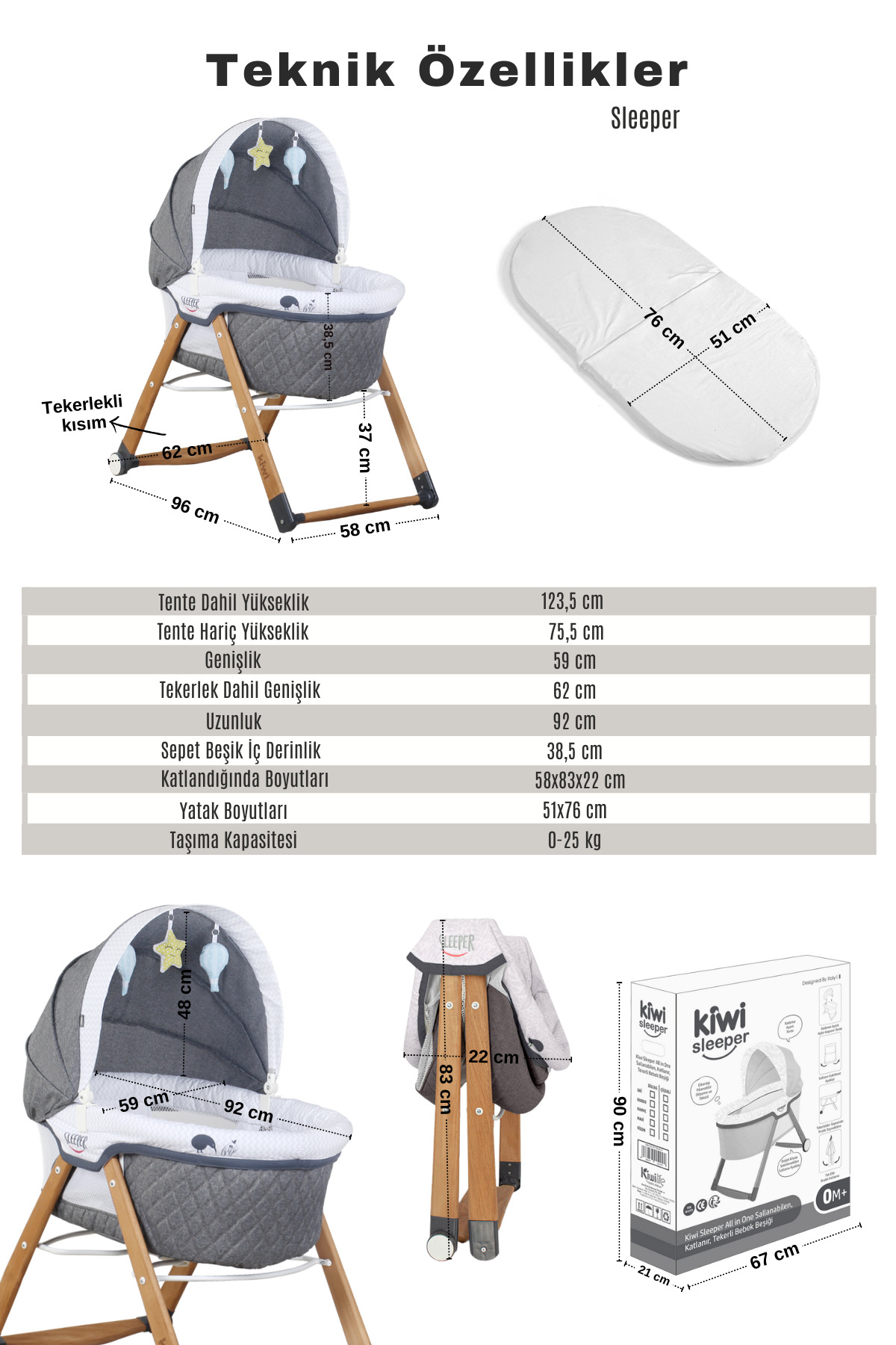 Kiwi Sleeper All İn One Naturel Ahşap Sallanabilen Katlanır Tekerli Bebek Beşiği Yaprak Desenli Gri fotoğrafı 4 (önizleme)