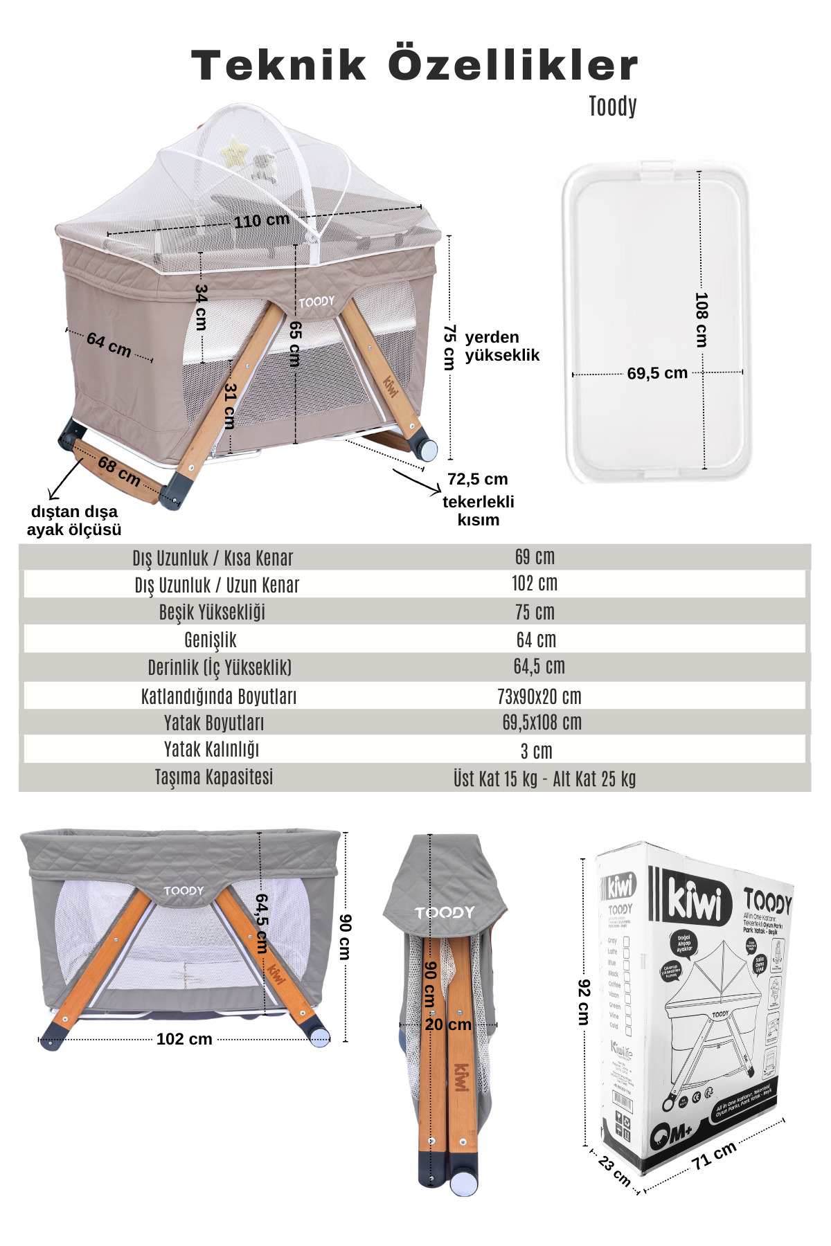 Kiwi Toody All in One Katlanır Tekerlekli Sallanır Sabitlenir Anne Yanı Park Yatak Beşik - Latte fotoğrafı 2 (önizleme)