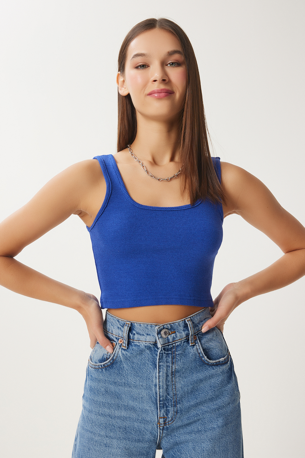 Happiness İstanbul  Kadın Koyu Mavi Askılı Fitilli Crop Örme Bluz GT00030 - Görsel 3
