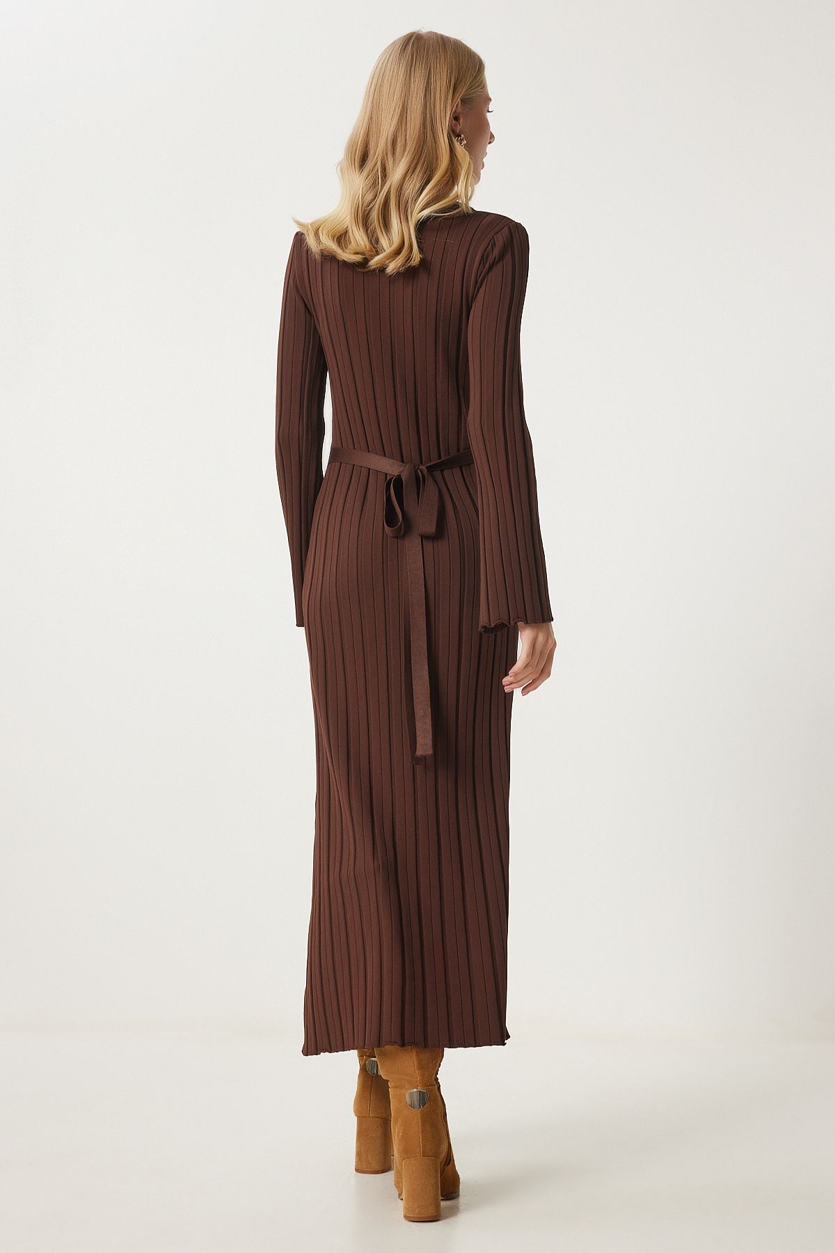 robe longue en tricot avec ceinture pour femmes marron ki00108