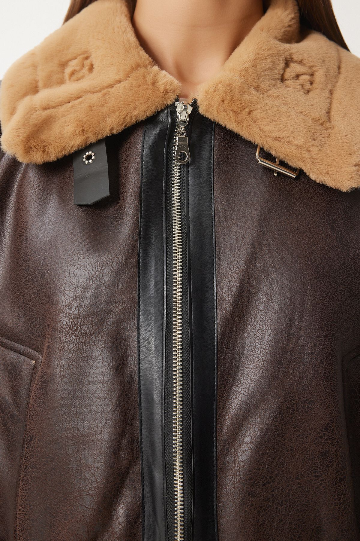 Happiness İstanbul-Women's Brown Faux Leather Bomber Jacket Fn03408 7