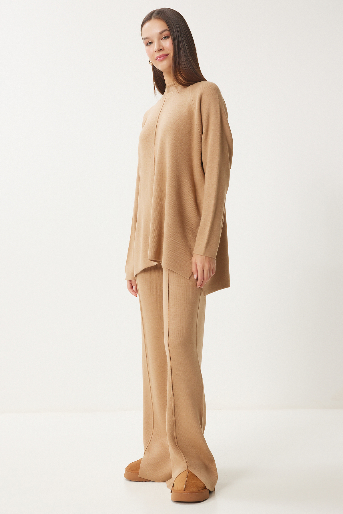 Happiness İstanbul Női nerc színű stílusos kötöttáru pulóver nadrág szett